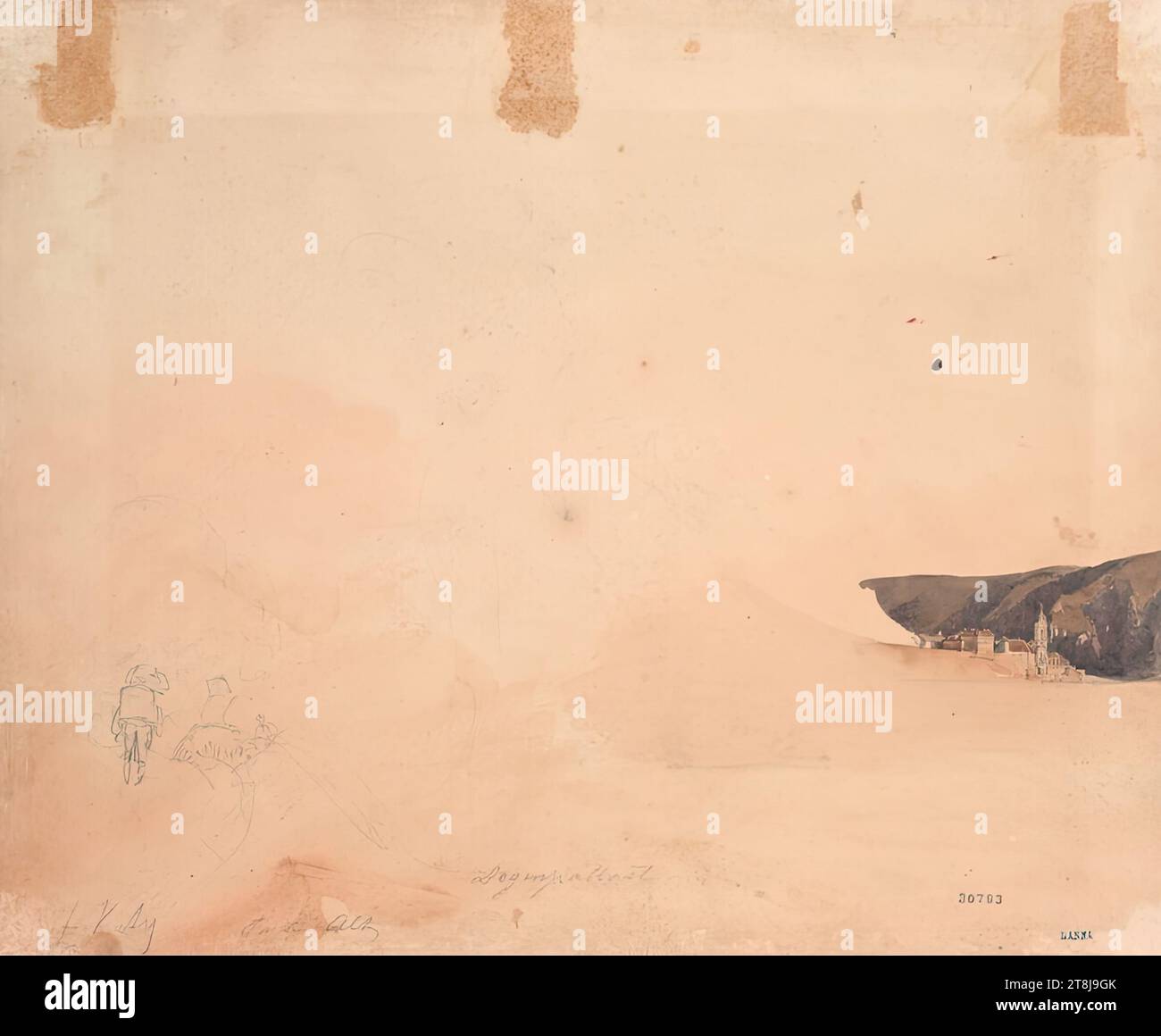 Schizzo di Dürnstein; schizzo di figure del personale, Rudolf von Alt, Vienna 1812 - 1905 Vienna, 1837, disegno, acquerello, matita, 27,4 x 33,8 cm, destra. Lanna, timbro da collezione, cassiere citazione, l.l. "L. V an", "...t", matita, M.u. "Palazzo del Doge", matita, Austria Foto Stock