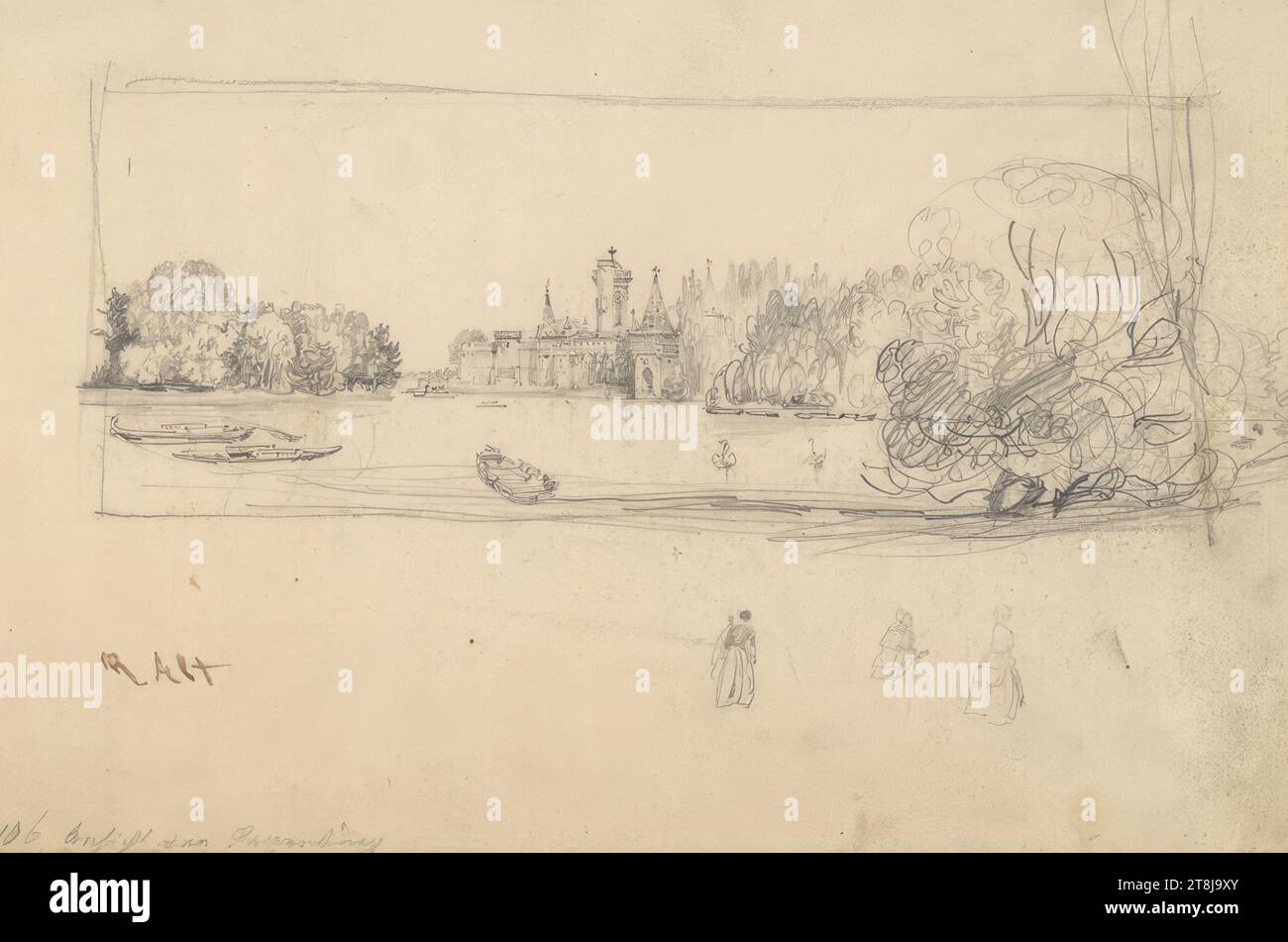 Laxenburg, Rudolf von Alt, Vienna 1812 - 1905 Vienna, disegno, matita, 18 x 27 cm, verso: 'Estate stamp / Rud. v. Alt', Cahier citazione, l.l. " 106 veduta di Laxenburg"; verso: "F. L.", Cahier, Austria Foto Stock
