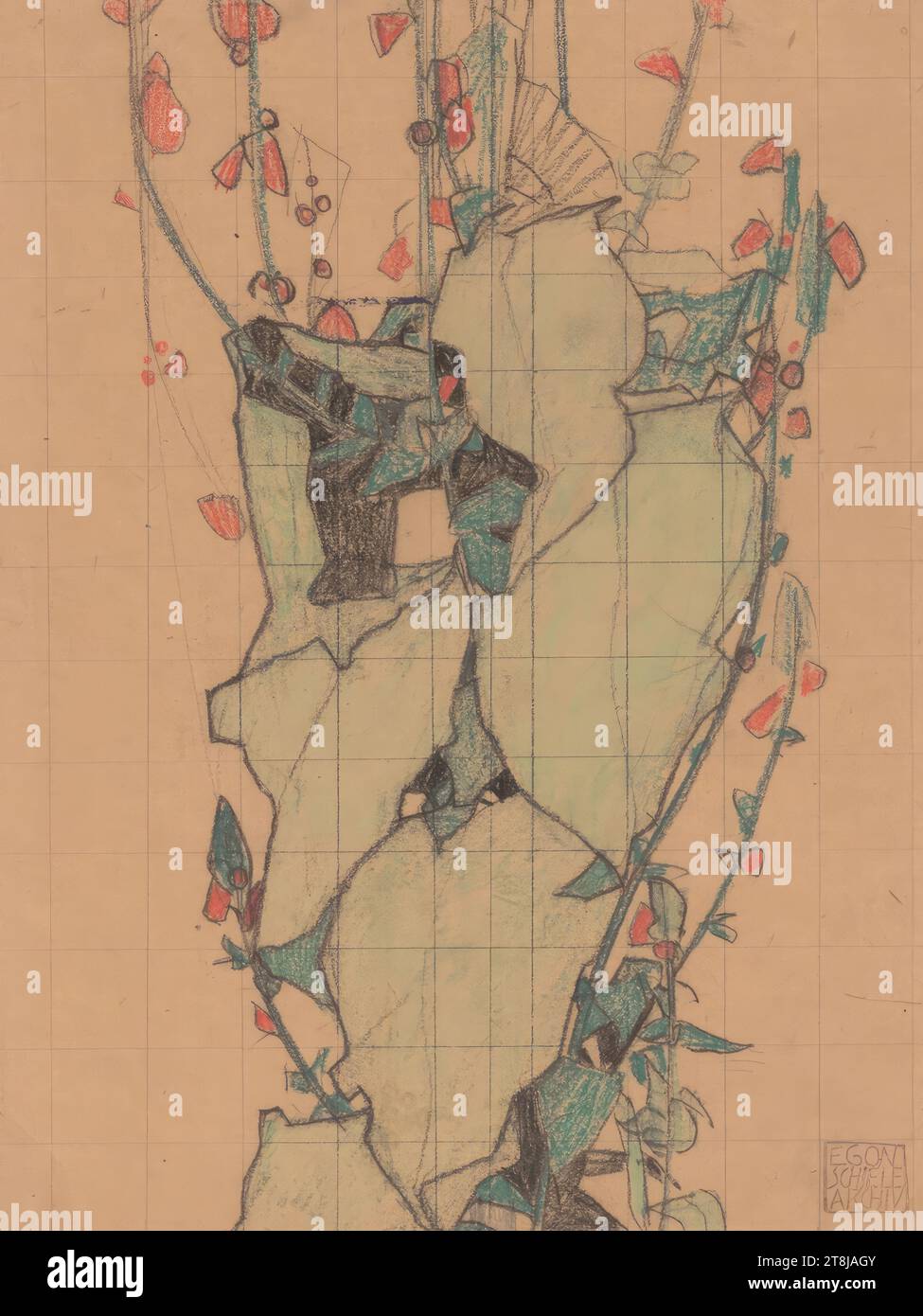 Foglie e fiori stilizzati, Egon Schiele, Tulln 1890 - 1918 Vienna, 1908, disegno, matita, gesso nero, pastelli colorati su carta da imballaggio marrone, 32,7 x 24,5 cm, Austria Foto Stock