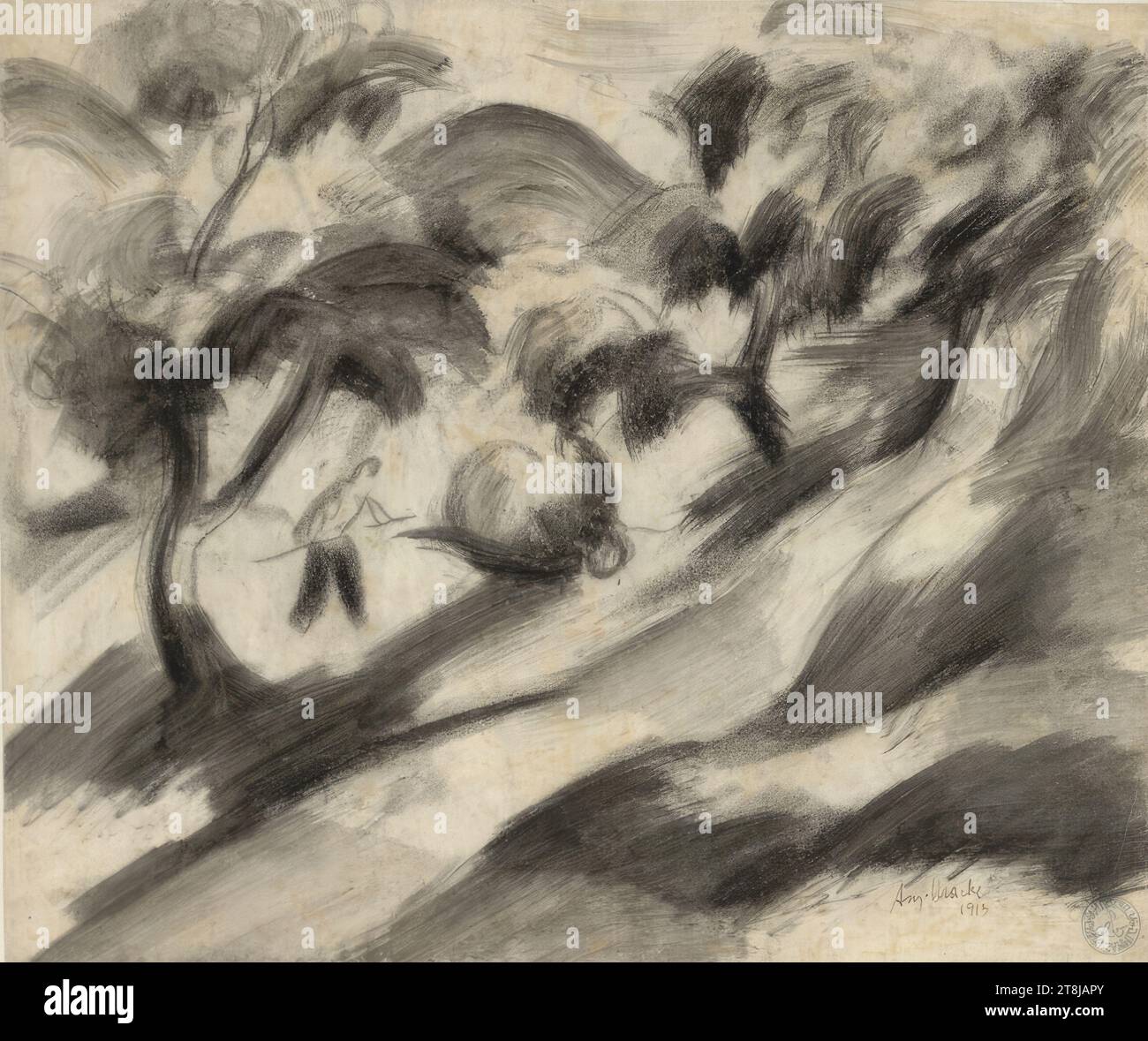 Paesaggio con un agricoltore che carica una carriola di fieno, August Macke, Meschede im Sauerland 1887 - 1914 Perthes-Les-Hurlus, 1913, disegno, gesso, inchiostro, spazzola, 26,4 x 31,4 cm Foto Stock