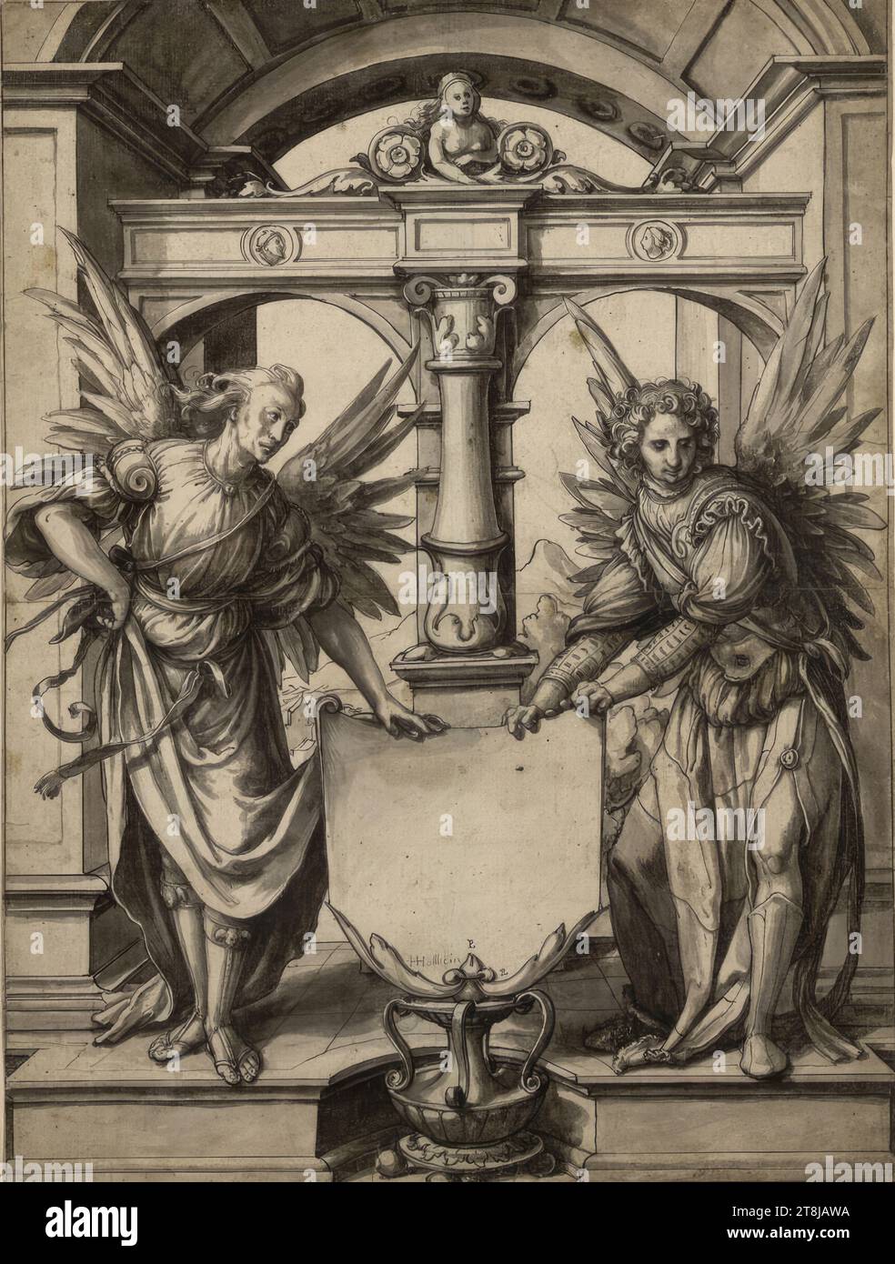 Due geni, disc crack, Hans Holbein il Vecchio J., Augusta 1497 o 1498 - 1543 Londra, intorno al 1520-1525, disegno, penna grigia, lavaggio grigio, in punti schizzo con gesso, 43,7 x 32,5 cm, 17 3/16 x 12 13/16 pollici, Peter Lely ; Richardson Sr. Foto Stock