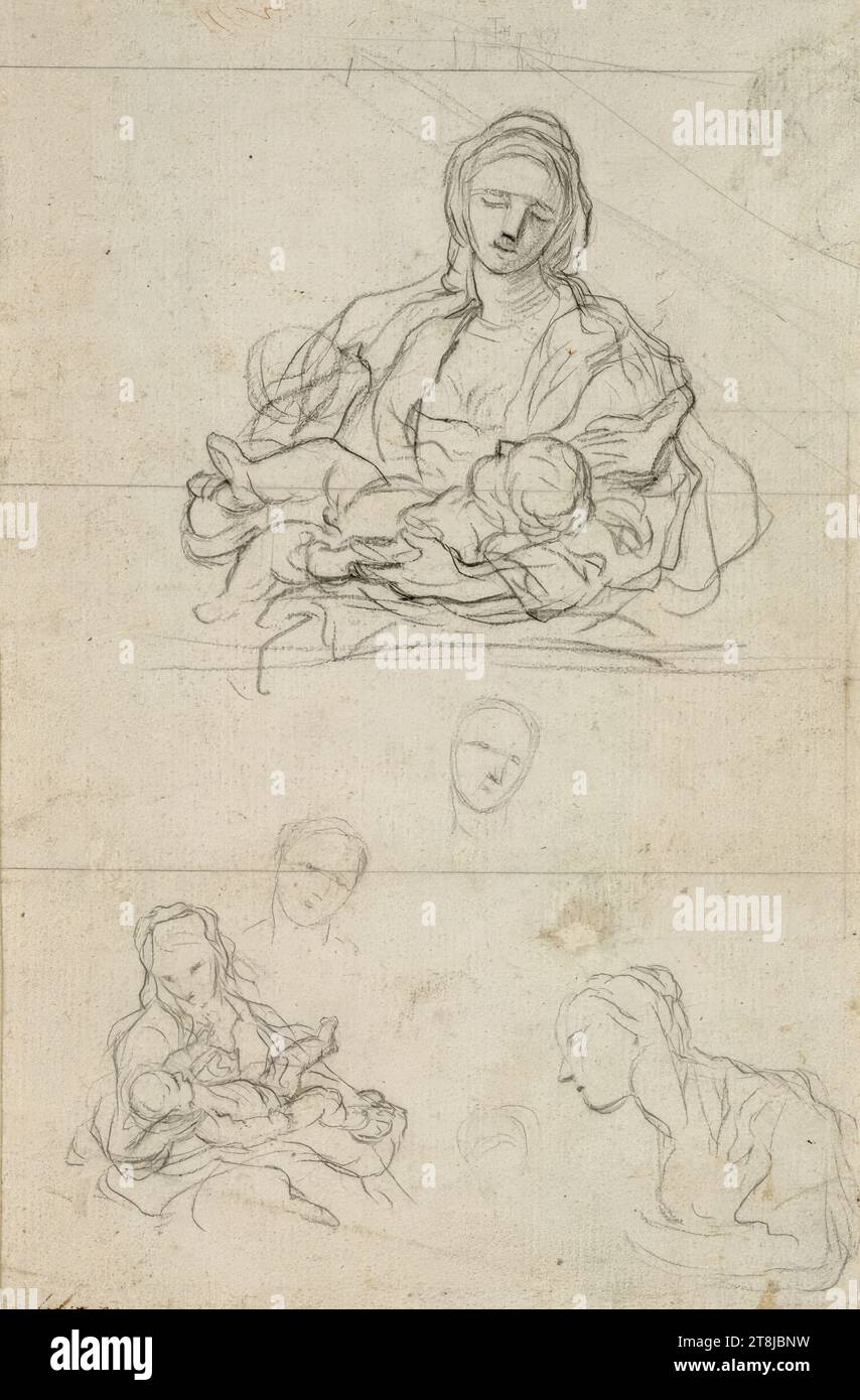 Foglio di schizzo. Madonna con bambino; ripetuta in senso opposto con Santa Caterina adorante; la testa della Madonna superiore ripetuta due volte, disegno, carbone; retro: Carbone; piuma; intagli con bussola, 27,4 x 17,9 cm Foto Stock