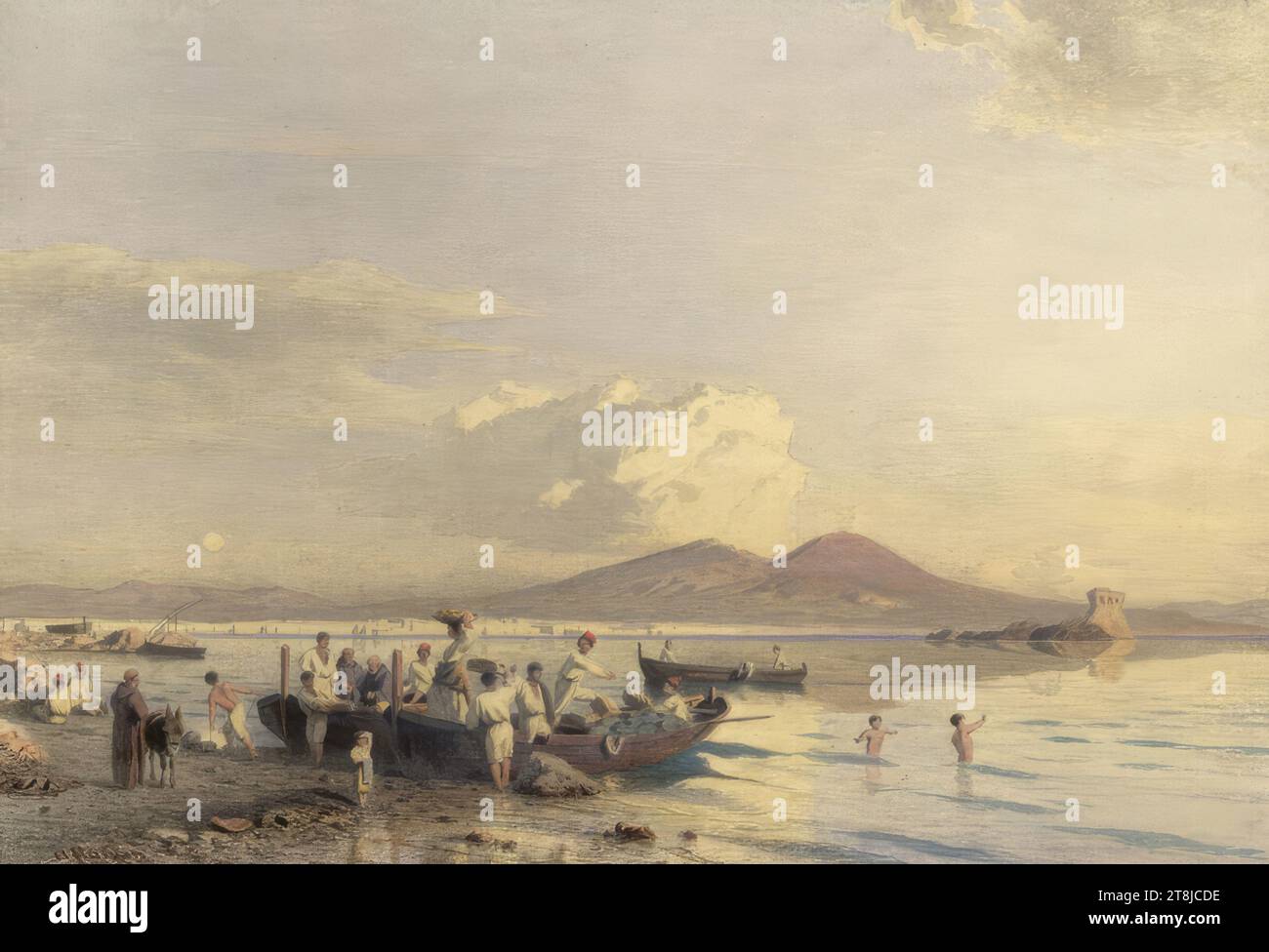 Due pescherecci che scaricano sulla spiaggia di una città portuale mediterranea, Anonimo, XIX secolo, disegno, acquerello, tracce di matita, 224 x 327 mm, l.l. "A Hamsa", pennello marrone Foto Stock