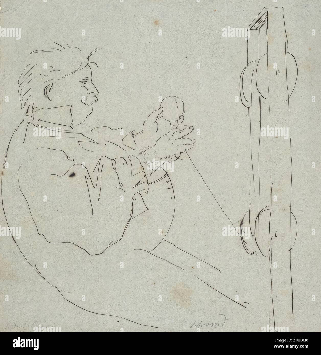 Caricatura: Autoritratto con bobina di filato, Moritz von Schwind, Vienna 1804 - 1871 Niederpöcking/Monaco di Baviera, 1840-1845, disegno, inchiostro, penna; firma: matita, secondo Cahier: 23,2 x 22,2 cm, Austria Foto Stock