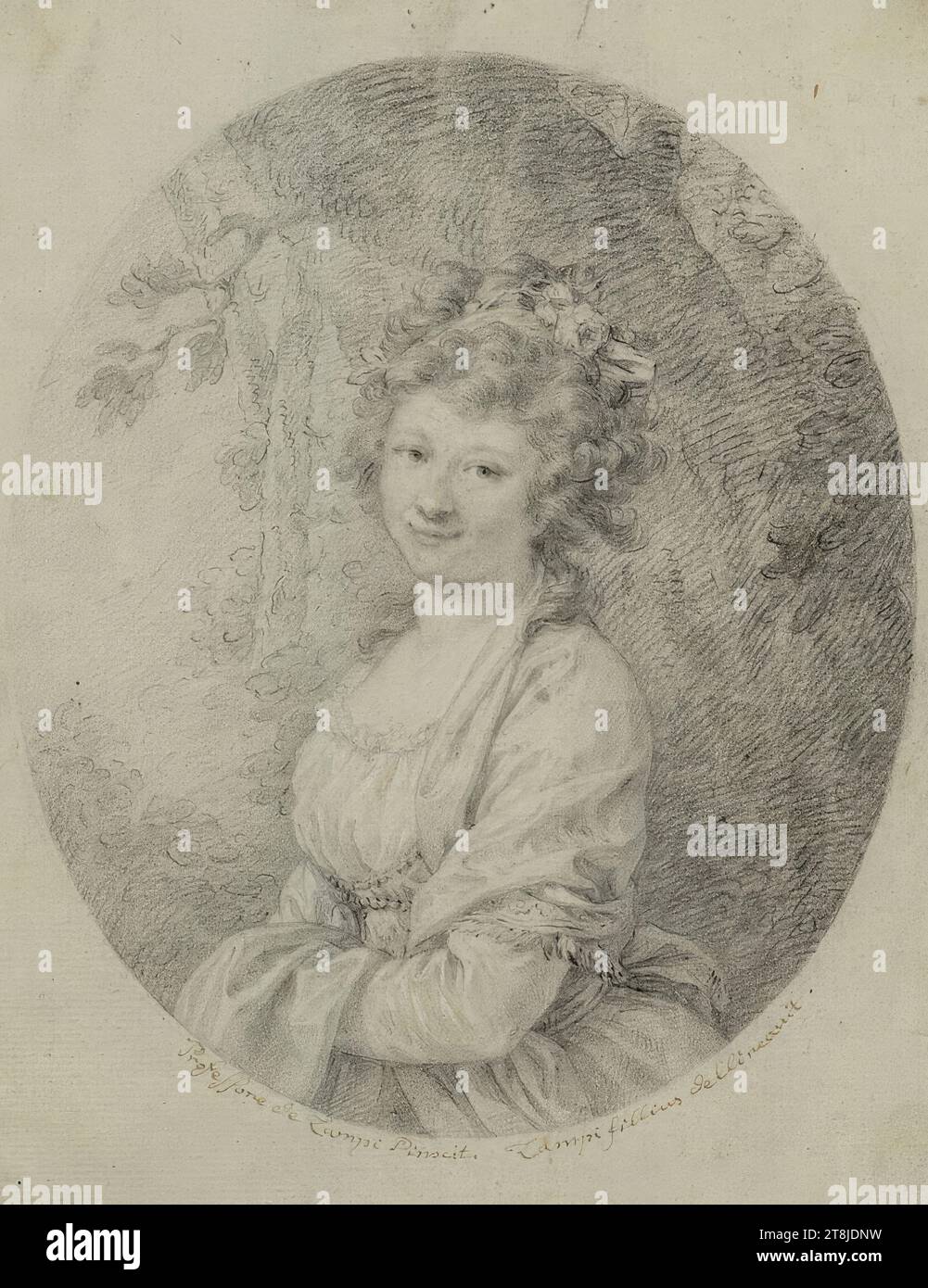 Ritratto di una signora, Johann Baptist von Lampi, il giovane, Trient 1775 - 1837 Vienna, disegno, gesso, zinco bianco evidenziazione, ossidato, secondo Cahier: 25,6 x 19,7 cm, verso: sinistra. "A. v. Wurzbach", M.u. "Professore de Lampi Pinxit. Lampi fillius dellineauit."; verso: L.u. '582, Austria Foto Stock