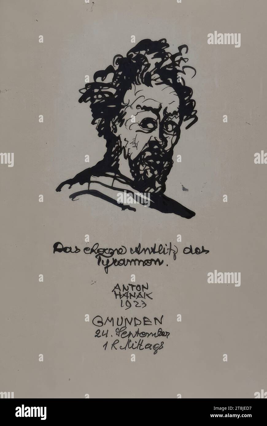 Un viaggio ricreativo a Gmunden, 1923: Il volto sfacciato del tiranno., bozzetto Hanak Anton; 254 pagine paginate, Anton Hanak, Brno 1875 - 1934 Vienna, 24 settembre 1923, disegno, penna e nero, lavato, foglio: 28,7 x 22,7 cm, m.u. 'GMUNDEN / 24 settembre / 1 ora mezzogiorno', penna in nero, Austria Foto Stock