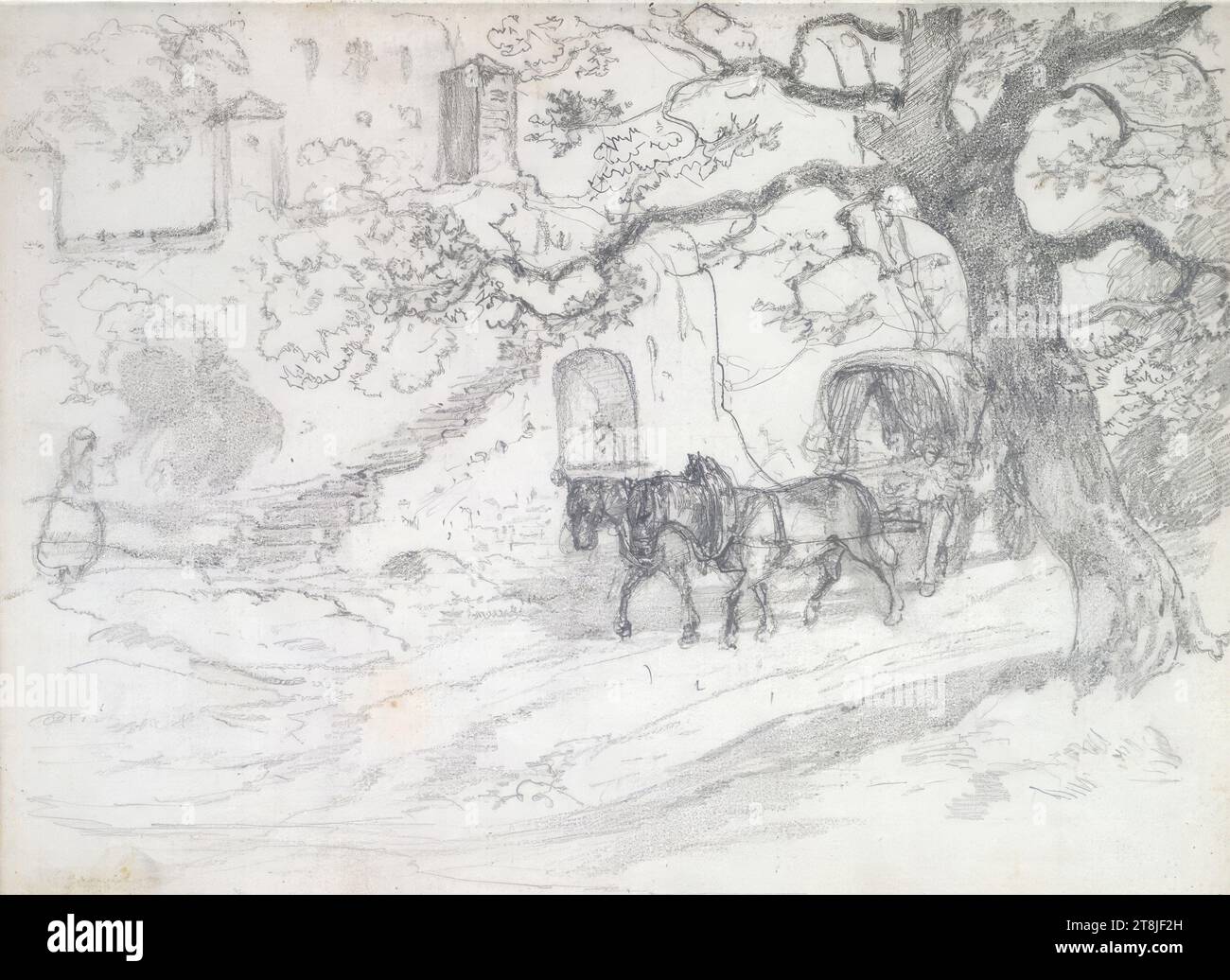 Bozzetto di una carrozza trainata da cavalli, bozzetto Passini Johann Nepomuk; 31 pagine impaginate, Johann Nepomuk Passini, Vienna 1798 - 1874 Graz, bozzetto: 1871-1872, disegno, matita, foglio: 17,8 cm x 23,9 cm, Austria Foto Stock