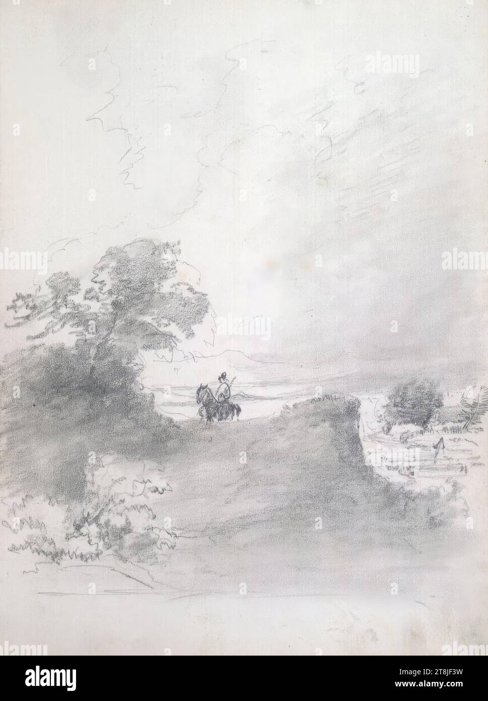 Cavaliere in un paesaggio tempestoso, a testa in giù, bozzetto Passini Johann Nepomuk; 31 pagine paginate, Johann Nepomuk Passini, Vienna 1798 - 1874 Graz, bozzetto: 1871-1872, disegno, matita, foglio: 23,9 cm x 17,8 cm, Austria Foto Stock