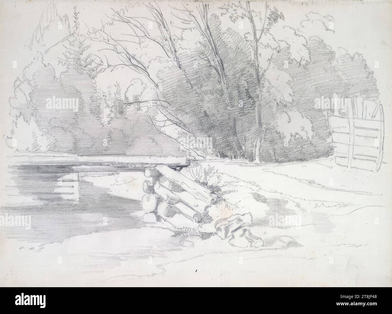 Bozzetto di una passerella in legno sopra un ruscello, bozzetto Passini Johann Nepomuk; 31 pagine paginate, Johann Nepomuk Passini, Vienna 1798 - 1874 Graz, bozzetto: 1871-1872, disegno, matita, foglio: 17,8 cm x 23,9 cm, Austria Foto Stock