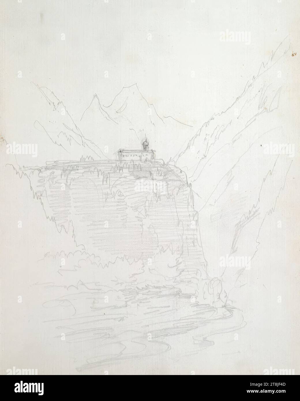 Fine della valle con un castello, bozzetto Passini Johann Nepomuk; 31 pagine paginate, Johann Nepomuk Passini, Vienna 1798 - 1874 Graz, bozzetto: 1871-1872, disegno, matita, foglio: 23,9 cm x 17,8 cm, Austria Foto Stock