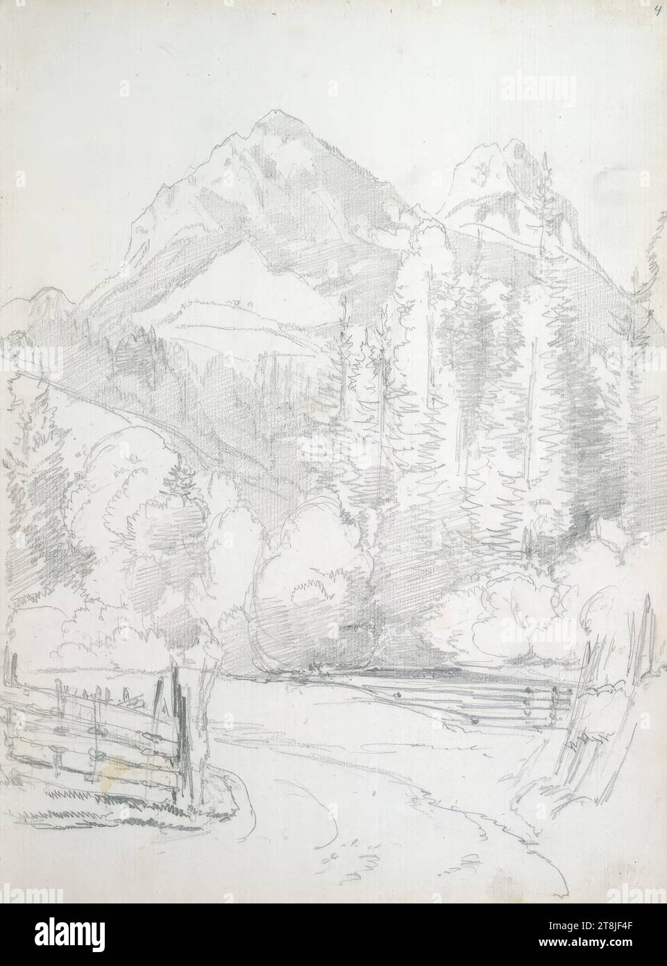 Bozzetto di un sentiero, alle sue spalle due cime, bozzetto Passini Johann Nepomuk; 31 pagine paginate, Johann Nepomuk Passini, Vienna 1798 - 1874 Graz, bozzetto: 1871-1872, disegno, matita, foglio: 23,9 cm x 17,8 cm, Austria Foto Stock