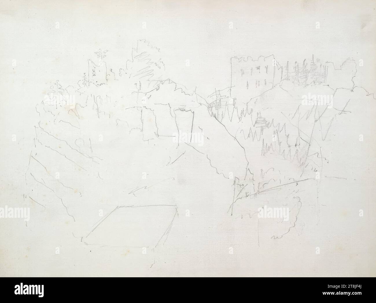 Bozzetto di una rovina del castello, bozzetto Passini Johann Nepomuk; 31 pagine impaginate, Johann Nepomuk Passini, Vienna 1798 - 1874 Graz, bozzetto: 1871-1872, disegno, matita, foglio: 17,8 cm x 23,9 cm, Austria Foto Stock