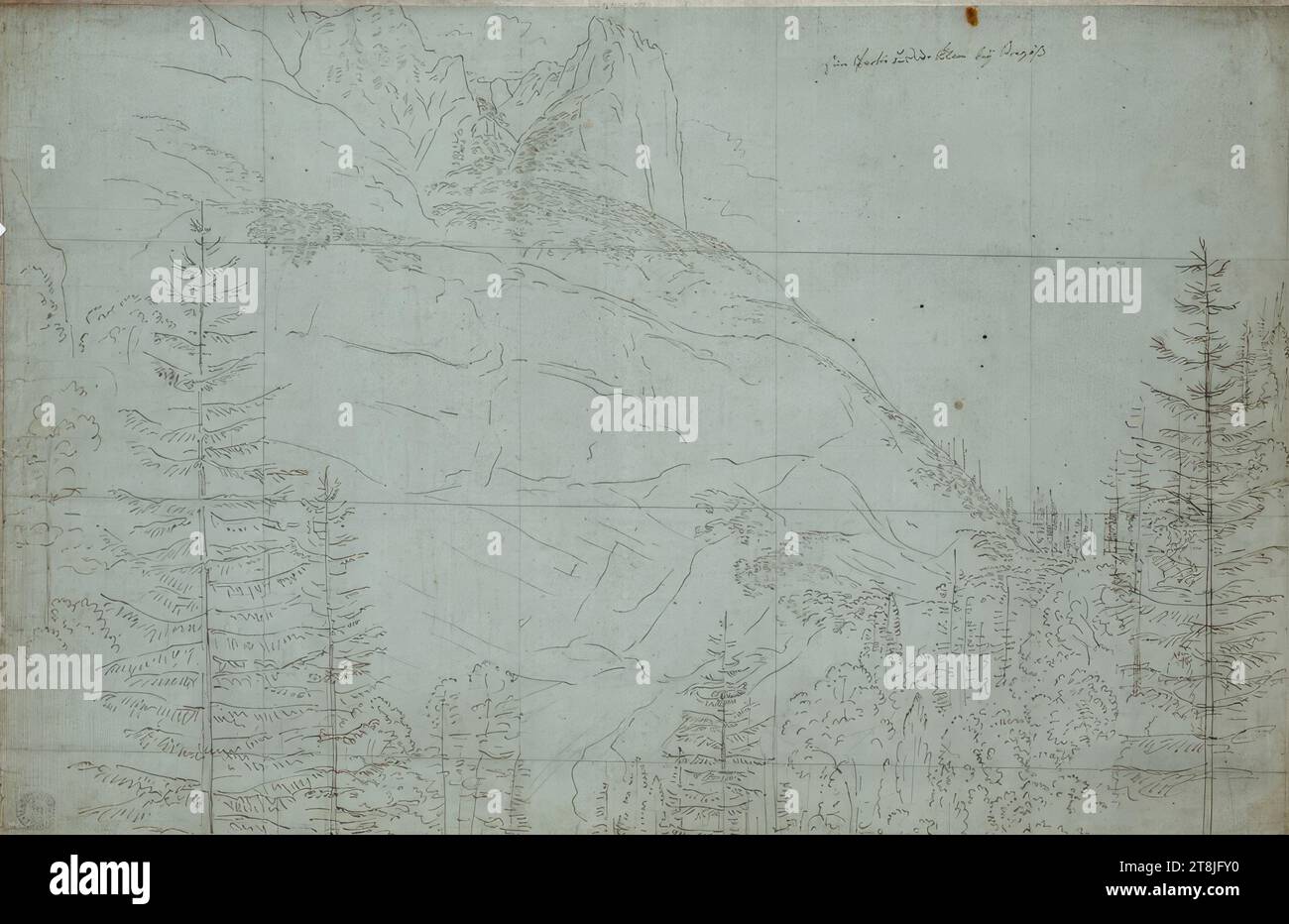 Un gioco sulla gola vicino a Tragöss, Jakob Gauermann, Oeffingen vicino Stoccarda 1773 - 1843 Vienna, disegno, matita, penna marrone, raster, 35,5 x 52,6 cm, r.o. 'Un gioco nella gola vicino a Tragöss, Austria Foto Stock