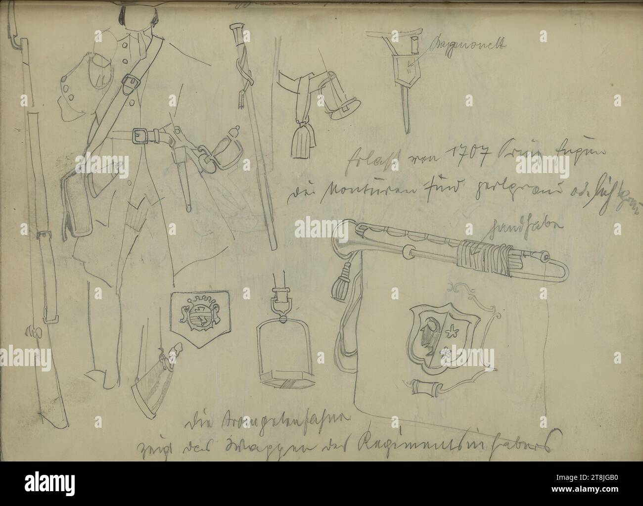 Vari dettagli sulle attrezzature militari e descrizione di alcuni di essi; soldato, bozzetto Wacik Franz; 64 pagine impaginate, cosiddetto Prinz Eugen sketchbook, Franz Wacik, Vienna 1883 - 1938 Vienna, 1915, disegno, matita, foglio: 16,5 x 21,3 cm, M.O. 'ufficiali portano bastone...gonna', matita, M. 'Decreto del 1707 Prinz Eugen / gli abiti sono grigio perla o grigio chiaro', matita, M.u. 'la bandiera della tromba / mostra lo stemma del proprietario del reggimento', matita, Austria Foto Stock