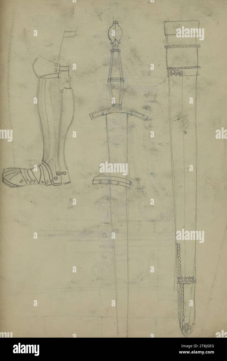 Bozzetto di una spada, il suo manico e il suo manico, bozzetto Wacik Franz; 64 pagine impaginate, cosiddetto Prinz Eugen sketchbook, Franz Wacik, Vienna 1883 - 1938 Vienna, 1915, disegno, matita, foglio: 21,3 x 16,5 cm, Austria Foto Stock