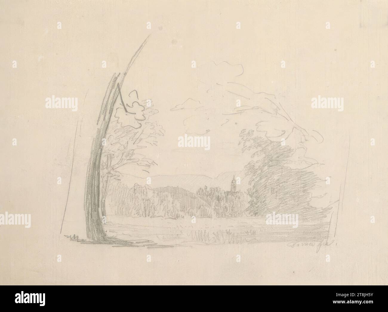 Paesaggio con vista di una penna, bozzetto Toma Matthias Rudolf; 53 bozzetti a matita incollati, pagine di libri incollate paginate, Matthias Rudolf Toma, Vienna 1792 - 1869 Vienna, disegno, matita, foglio: 9,5 cm x 12,7 cm, Austria Foto Stock