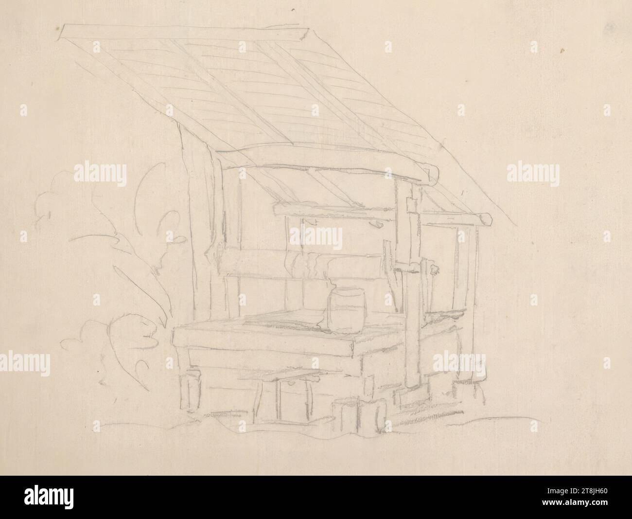 Sedia per tessitura e tintura, bozzetto Toma Matthias Rudolf; 53 bozzetti a matita incollati, pagine di libri incollate paginate, Matthias Rudolf Toma, Vienna 1792 - 1869 Vienna, disegno, matita, foglio: 9,9 cm x 13,7 cm, Austria Foto Stock