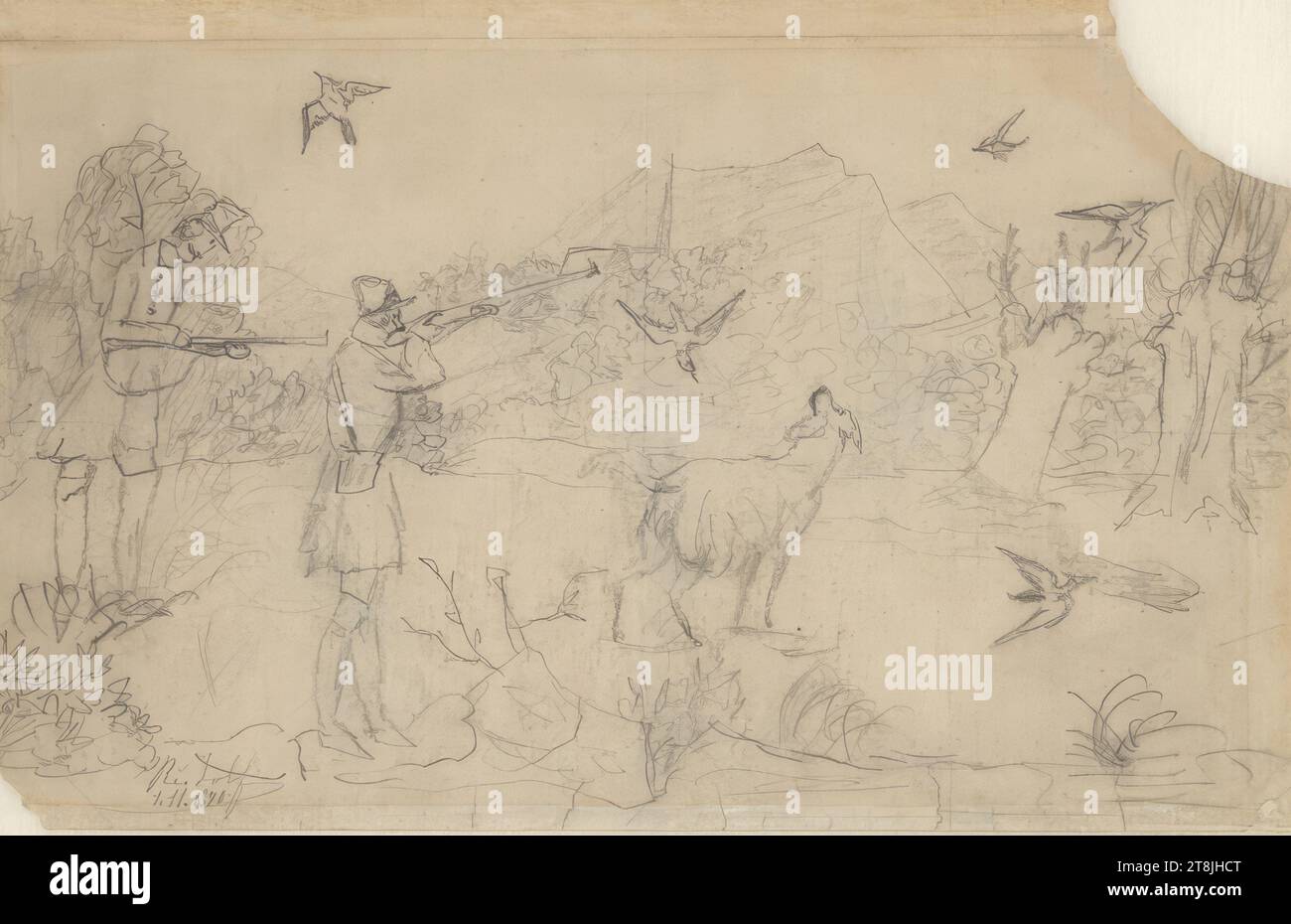 Hunter, Rudolf Habsburg-Lothringen, Castello di Laxenburg 1858 - 1889 Castello di Mayerling, 1 novembre 1870, disegno, matita, 23 x 35,2 cm Foto Stock