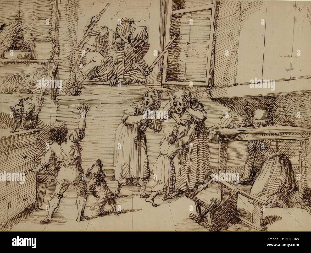 I soldati irrompono in una casa attraverso la finestra, dove donne e bambini scappano urlando, Joseph Bergler il giovane, Salisburgo 1753 - 1829 Praga, disegnando, penna, secondo Cahier: 26,9 x 36,2 cm Foto Stock