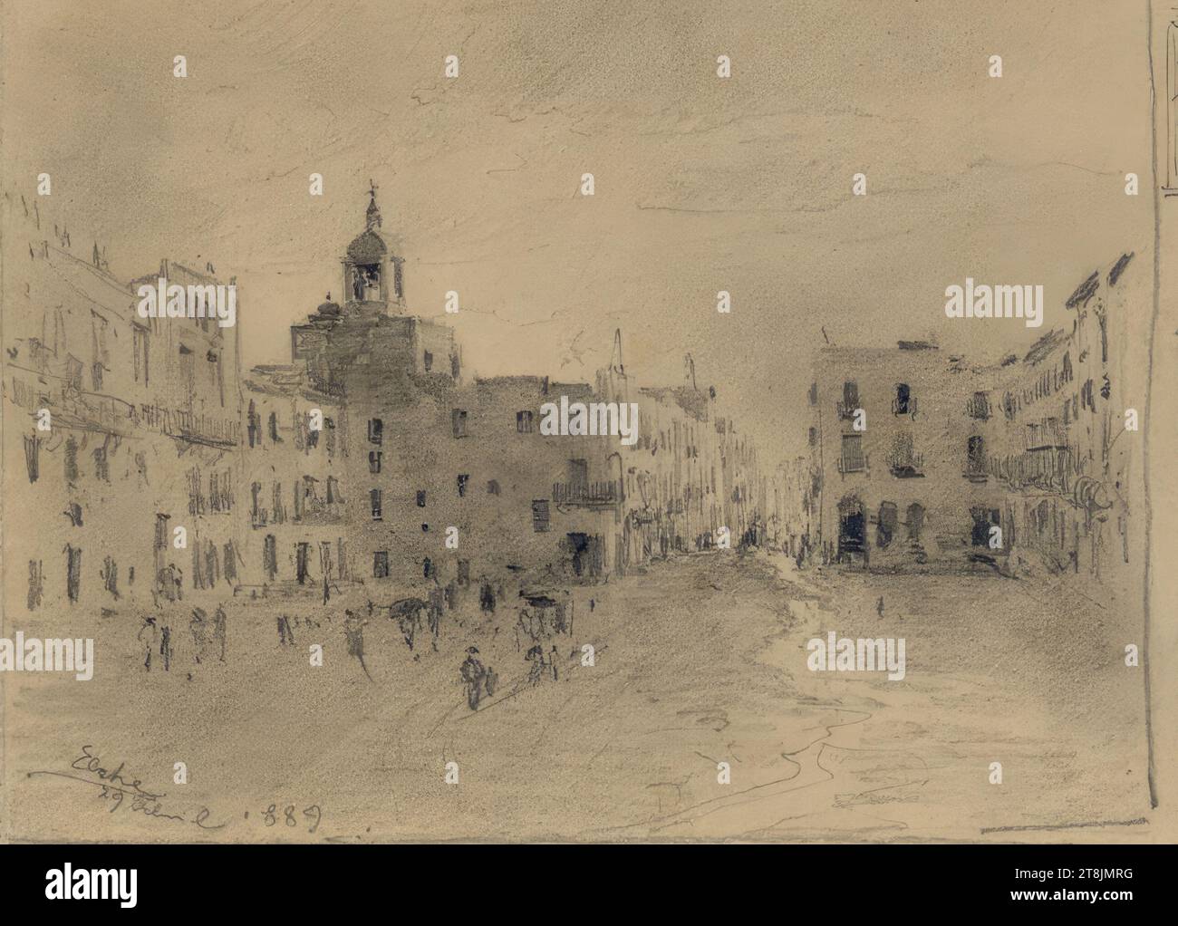 Vista città, Ludwig Rösch, Vienna 1864 - 1936 Vienna, disegno, grafite, carbone, 108 x 133 mm, l.l. 'Moose 29., 889, Austria Foto Stock