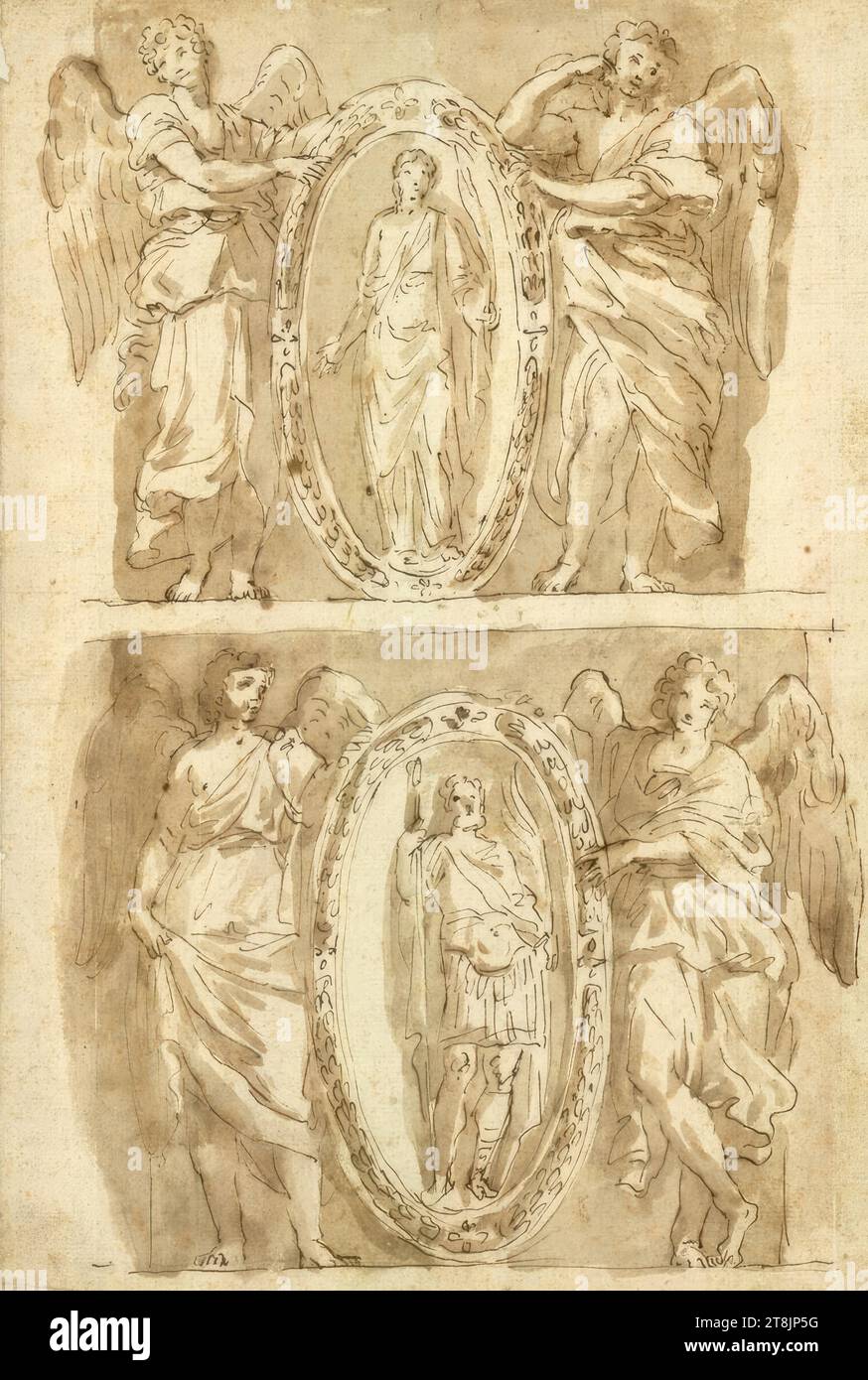 I due angeli con gli scudi. Supraporte, 1581-1641, disegno, penna e grigio-marrone, lavato Foto Stock