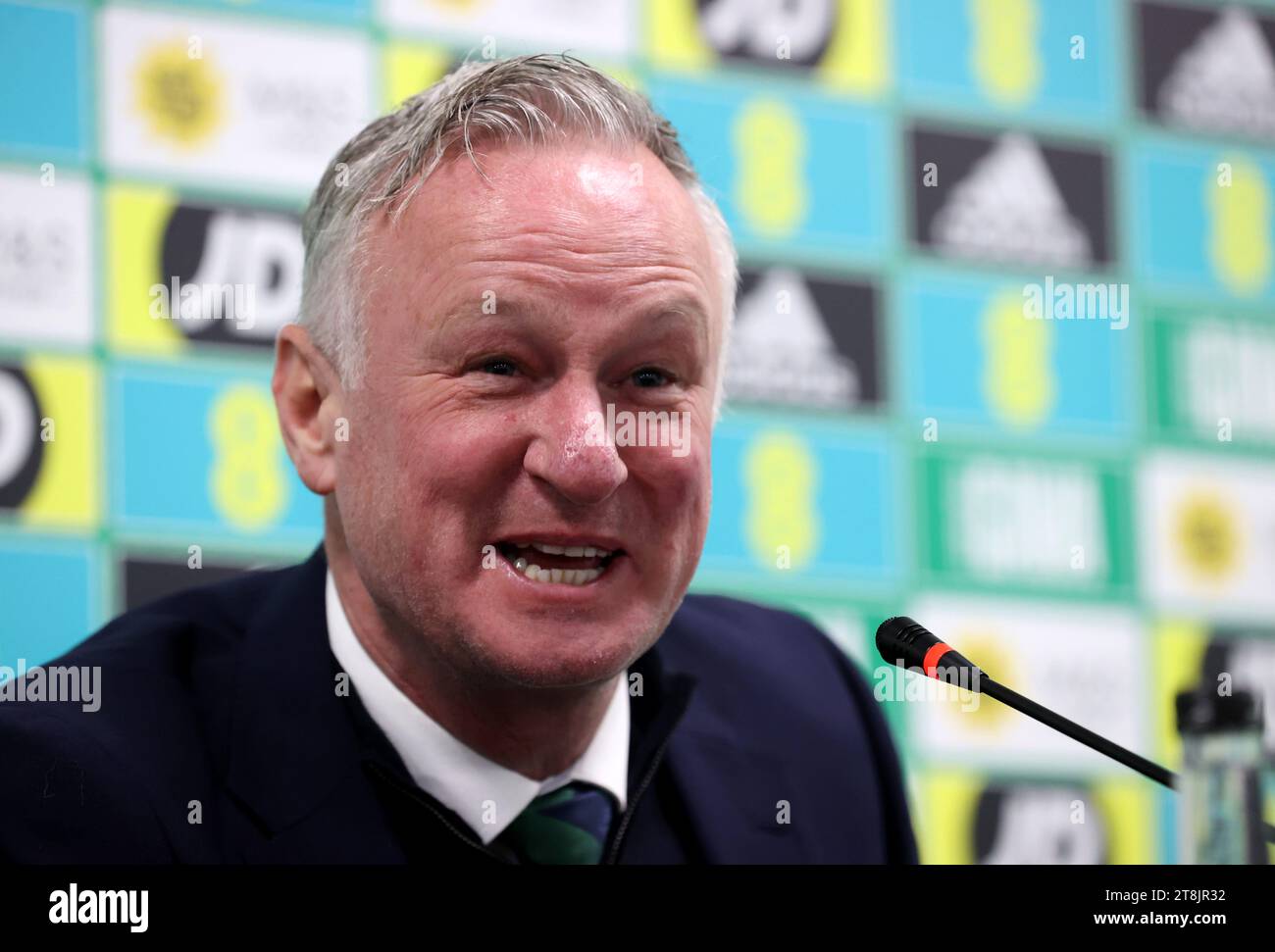 Il manager dell'Irlanda del Nord Michael o'Neill nella conferenza stampa dopo la partita di qualificazione a Euro 2024 al Windsor Park di Belfast. Data immagine: Lunedì 20 novembre 2023. Foto Stock