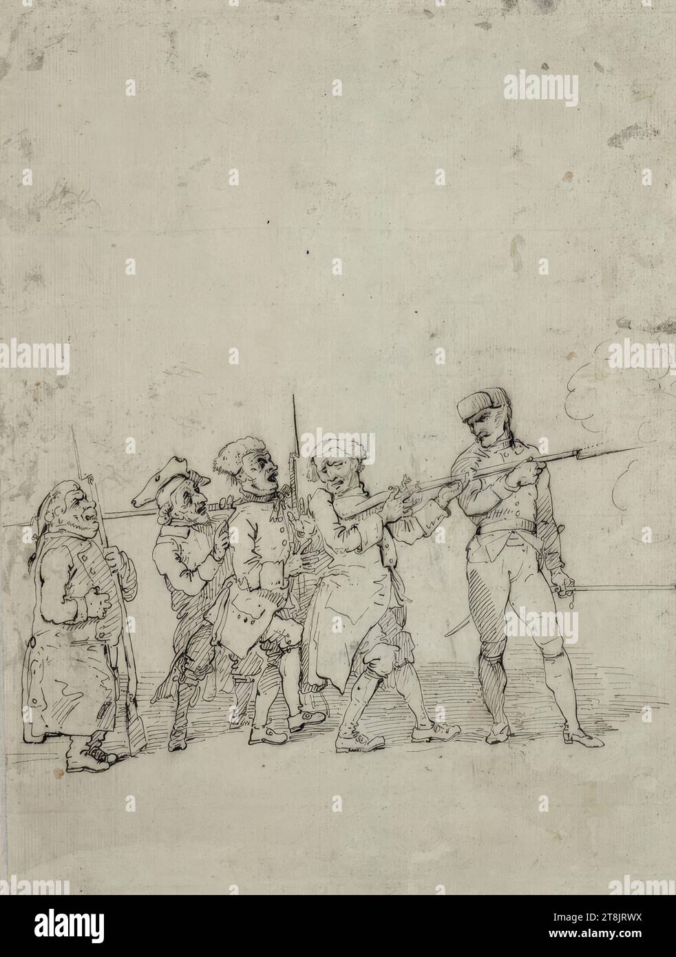 Caricatura di quattro cittadini che praticano armi con un soldato, Johann Heinrich Ramberg, Hannover 1763 - 1840 Hannover, 1791, disegno, penna in nero, 35,5 x 27,3 cm, recto l.l. duca Alberto di Sassonia-Teschen Foto Stock