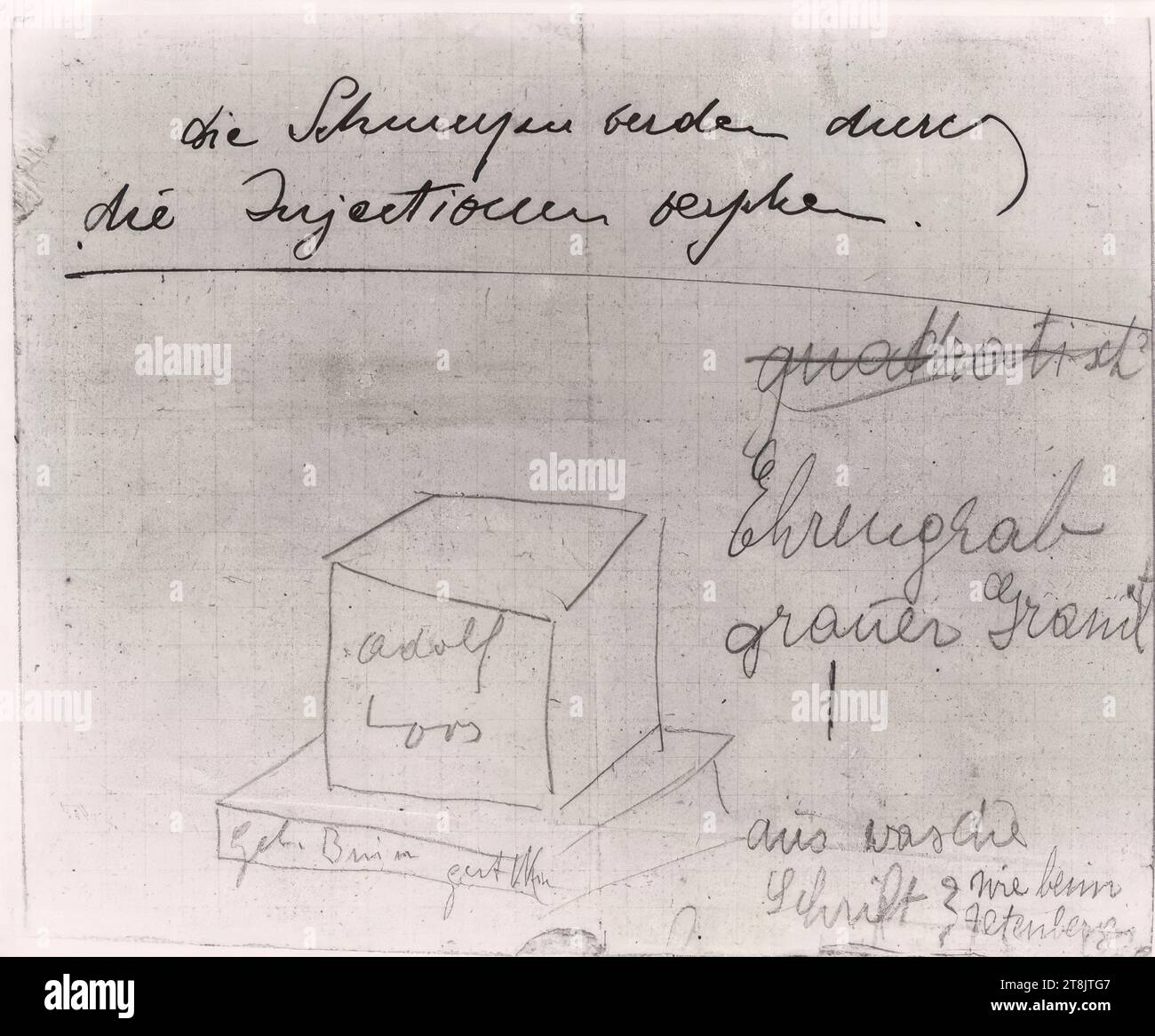 Disegno per la lapide di Loos in blocchi di granito, fotografia, carta gelatina d'argento, carta fotografica: 11,9 x 14,4 cm, 4 11/16 x 5 11/16 pollici, verso: 'foto gerlach wien VII neubaugasse 36 B 31238', francobollo viola, 'Dr. Ludwig Münz', francobollo blu, 'Adolf Loos Archiva', timbro blu, verso: 'm 2', penna per copia Foto Stock