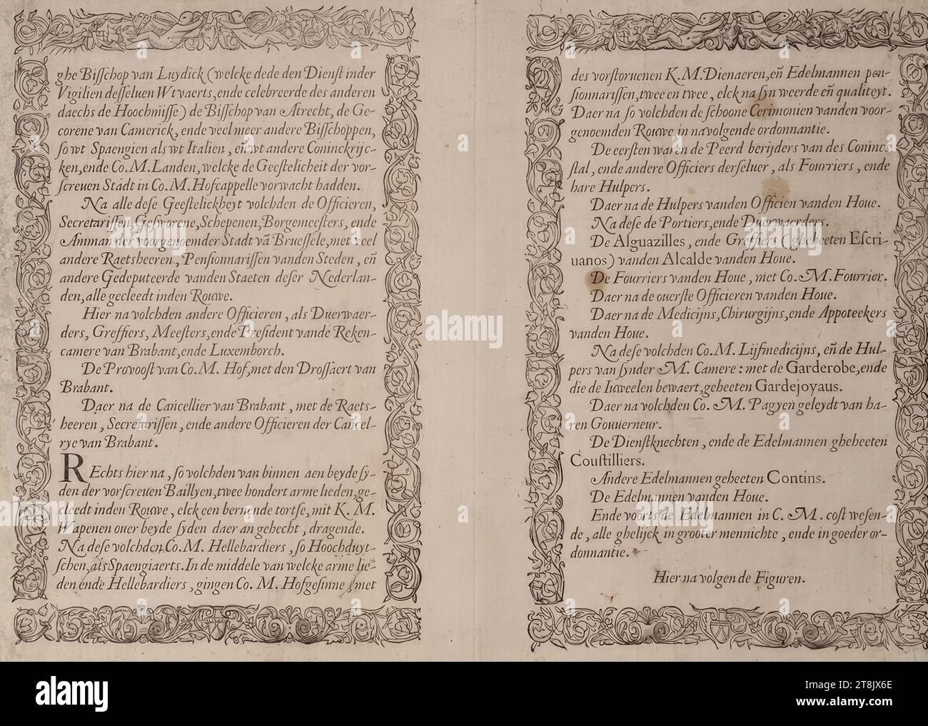 Cerimonie funebri per l'imperatore Carlo V il 29 dicembre 1558 a Bruxelles: Foglio di testo 2, De seer schoone ordonnantie vanden rouwe des wtvaerts vanden aldermachtichsten ende onverwinlicksten Carolo de Viifste, Roomsche Keyser, Hoochlooflicker ghedachtenisse: Ghehovden nella città di Bruessele il XXIX. Tetto di decembri, M.D.LVIII. duer Philippum Coninck van Spaengien &c.. Synen Soon, Anversa, Christoph Plantin, 1559, 1559, stampa, tipo stampa su carta, foglio: 27,5 x 37,3 cm Foto Stock