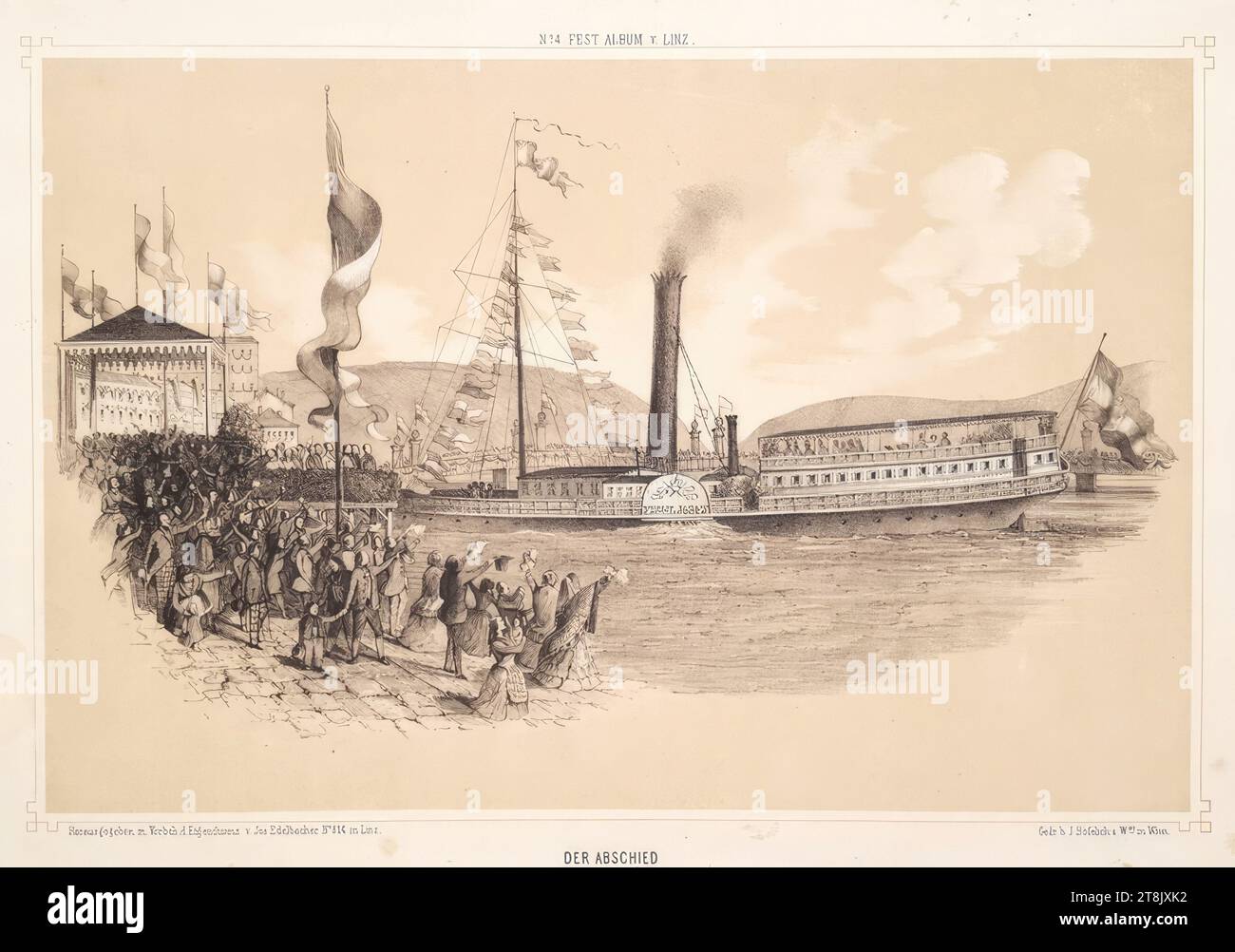 Partenza della sposa imperiale, Elisabetta duchessa in Baviera, il 21 aprile 1854 da Linz, da: Joseph Edelbacher, editore, album in memoria del 21 e 22 aprile 1854 a Linz., Linz, Eurich, 1854, 1854, stampa, litografia con lastra di argilla e rientranze bianche su carta, foglio: 25 x 36,1 cm Foto Stock