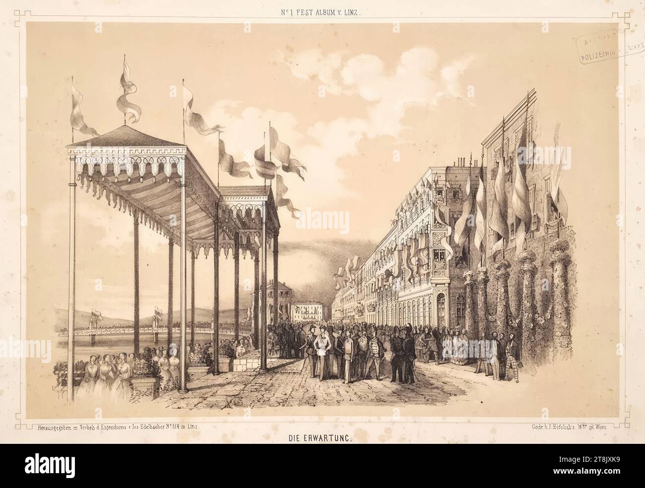 In attesa dell'arrivo della sposa imperiale, Elisabetta duchessa in Baviera, a Linz il 21 aprile 1854, da: Joseph Edelbacher, editore, album in memoria del 21 e 22 aprile 1854 a Linz., Linz, Eurich, 1854, 1854, stampa, litografia con lastra di argilla e cavità bianche su carta, foglio: 27,1 x 36,1 cm, francobollo rotondo 'BIBLIOTECA DEL PRESIDIO DEL CONSIGLIO DEL MINISTRO DEL K.K.', recto, lunga BIBLIOTECA DI francobolli, IL, K.K. SUPREME, AUTORITÀ DI POLIZIA" Foto Stock