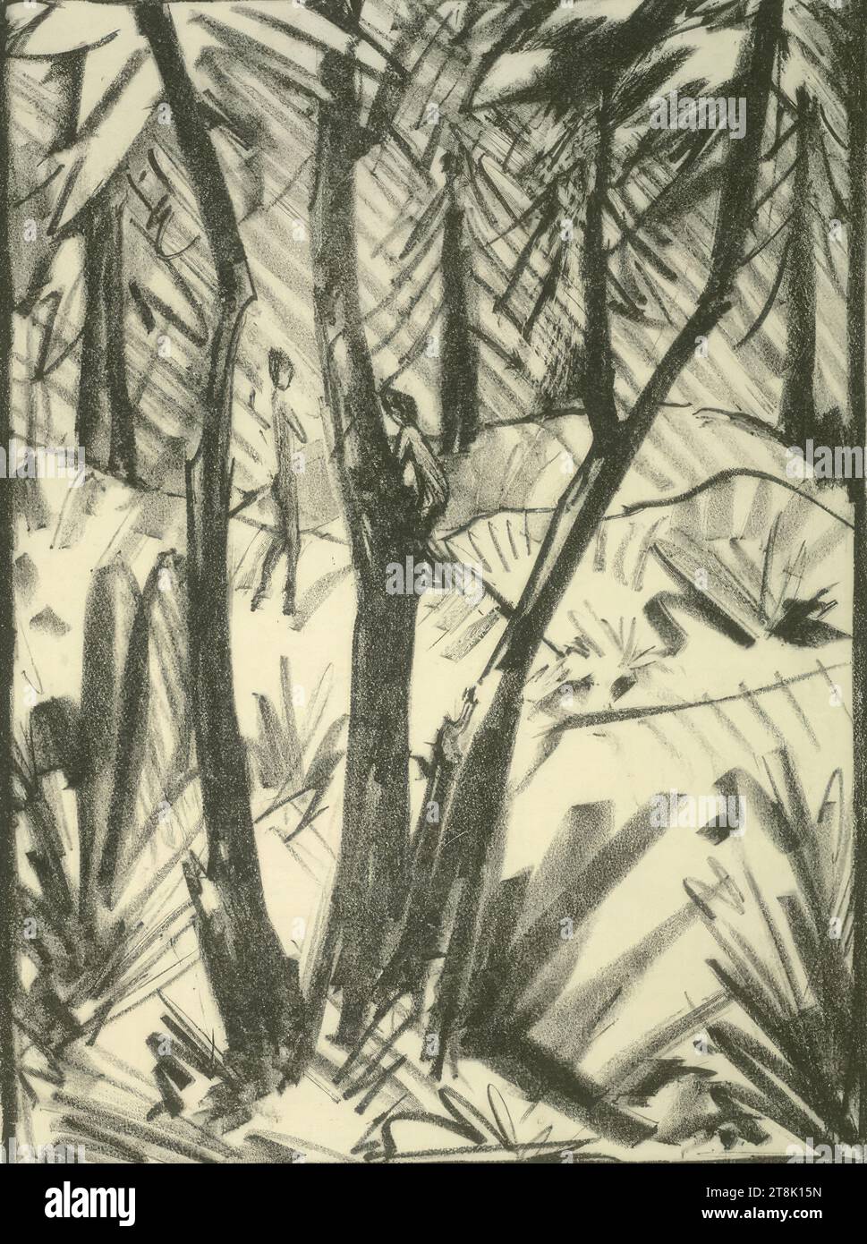 Paesaggio forestale con piccole figure II, otto Mueller, Liebau/Monti Giganti 1874 - 1930 Obernigk vicino a Breslavia, intorno al 1919, stampa, litografia, targa: 39,8 x 29,2 cm, l.l. '2/60 Foto Stock