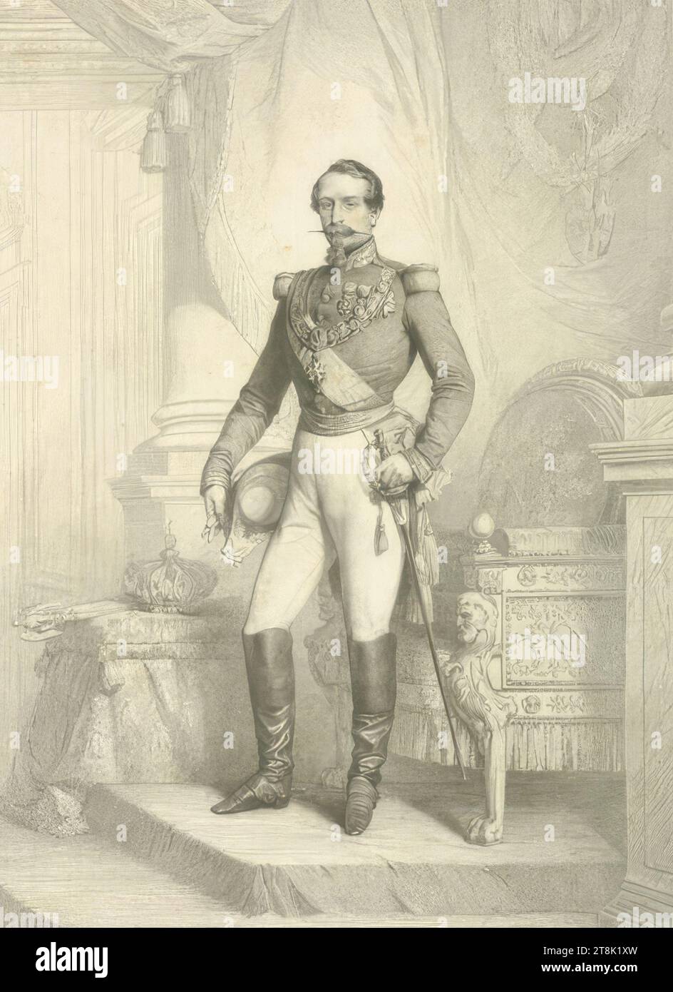 Napoleone III, Auguste Thomas Marie Blanchard, Francia, 1819 - 1898, 1854, stampa, incisione su lastra di rame, foglio: 60,9 x 46,3 cm, lastra l.l. "ed DUBUFE PINXT"; nella lastra M.u. "Imp.e par F. Chardon ainé, 30 Rue Hautefeuille, à Paris"; nella lastra l.u. "BERLIN / Publishing House of GOUPIL & C.ie"; nella lastra M.u. "PARIS   NEW-YORK / GOUPIL & C.ie Editeurs"; nella targa destra 'LONDON / pubblicata da GAMBART & C.ie Foto Stock