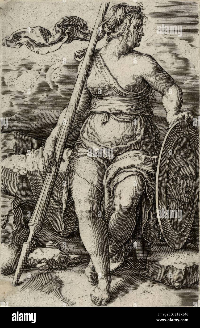 Pallas Athena, Lucas Hugensz. Van Leyden, Leida 1494 - 1533 Leida, intorno al 1530, stampa, incisione su copperplate, lastra: 11,9 x 7,8 cm, secondo New Hollstein Foto Stock