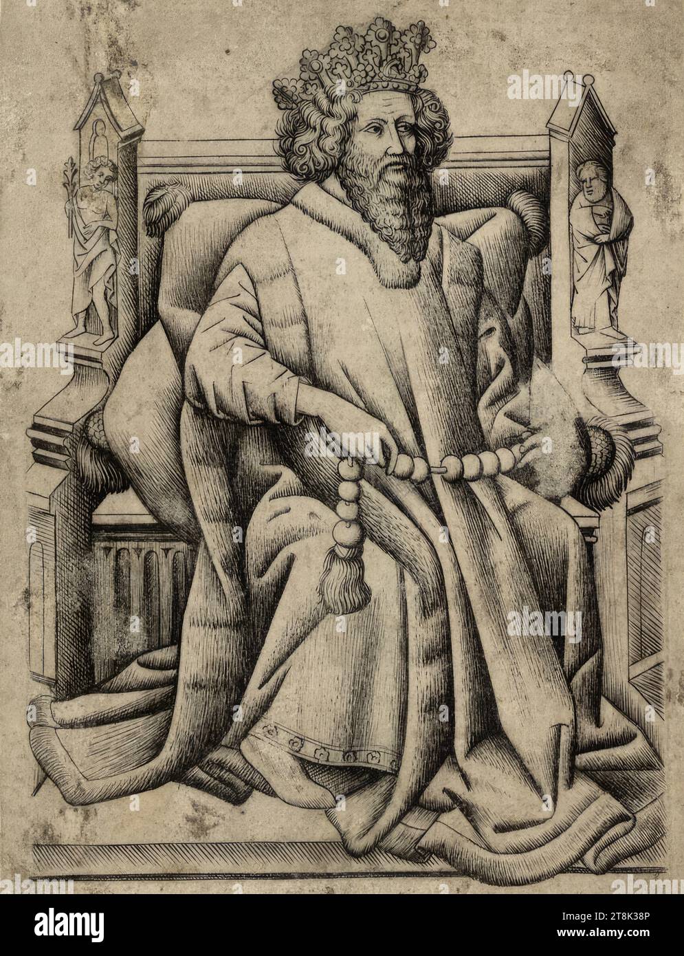 Wild King A, il gioco di carte, Master of Playing Cards, attivo intorno al 1430-1450 sull'alto Reno, 1440-1450, stampa, incisione in rame, piatto: 13,4 x 9,8 cm Foto Stock