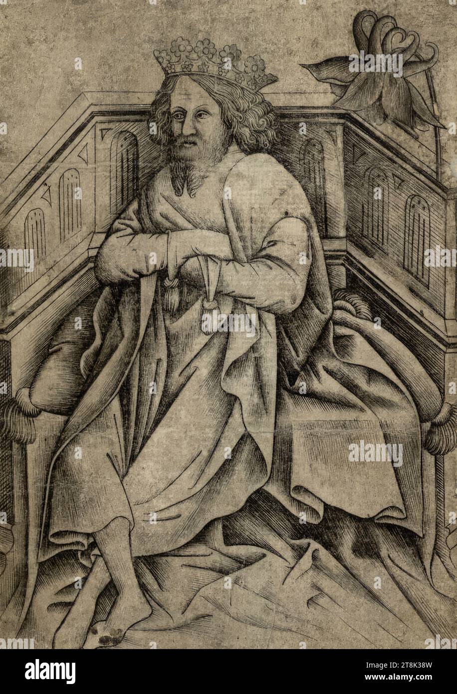 Flower King B, il gioco di carte, maestro di carte, attivo intorno al 1430-1450 sull'alto Reno, 1440-1450, stampa, incisione in rame, piatto: 12,9 x 9 cm Foto Stock