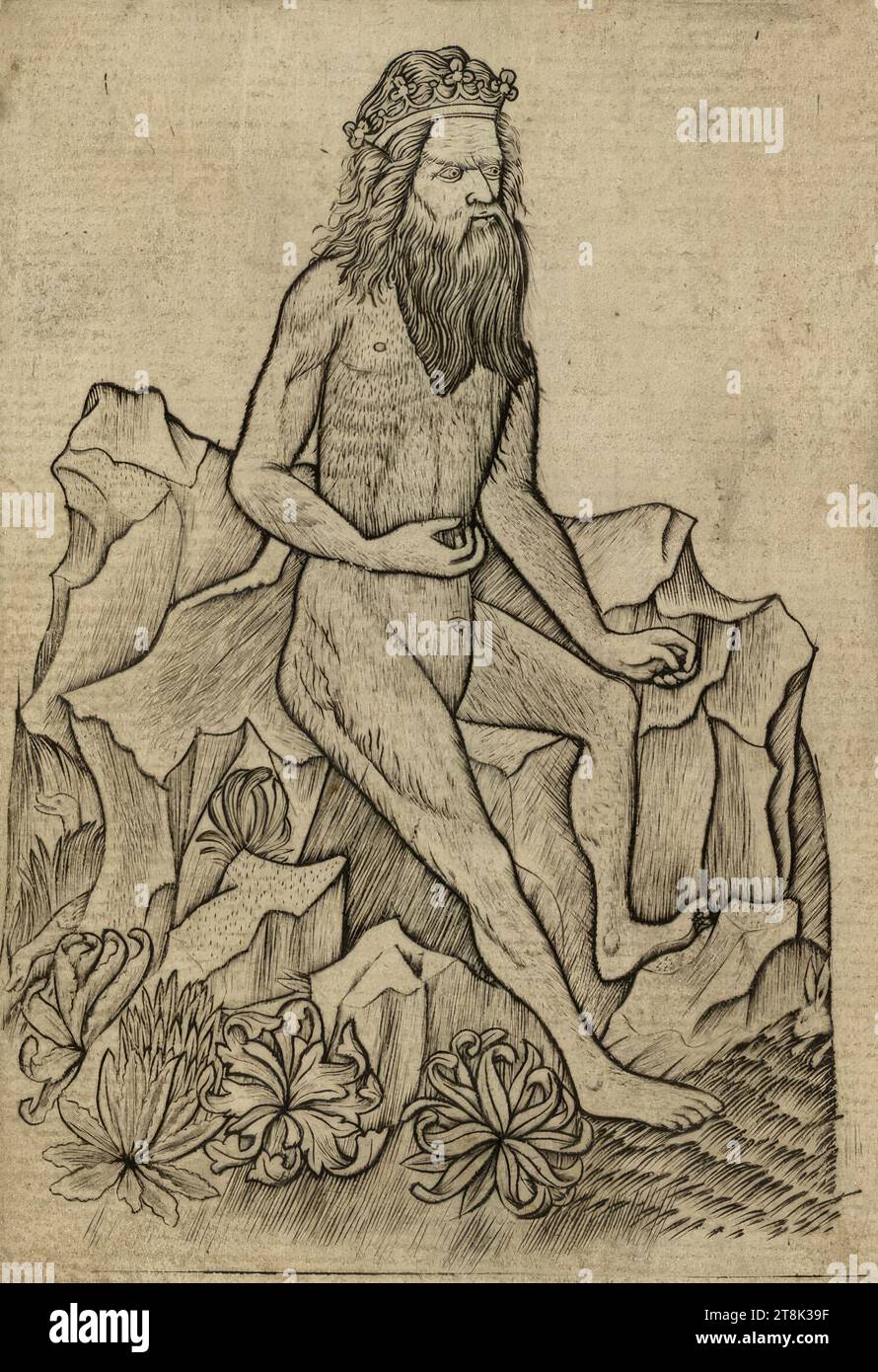 Wild King A, il gioco di carte, Anonimo, maestro di carte da gioco, attivo intorno al 1430-1450 sull'alto Reno, intorno al 1440-1450, stampa, incisione rame, piatto: 13,5 x 10 cm Foto Stock