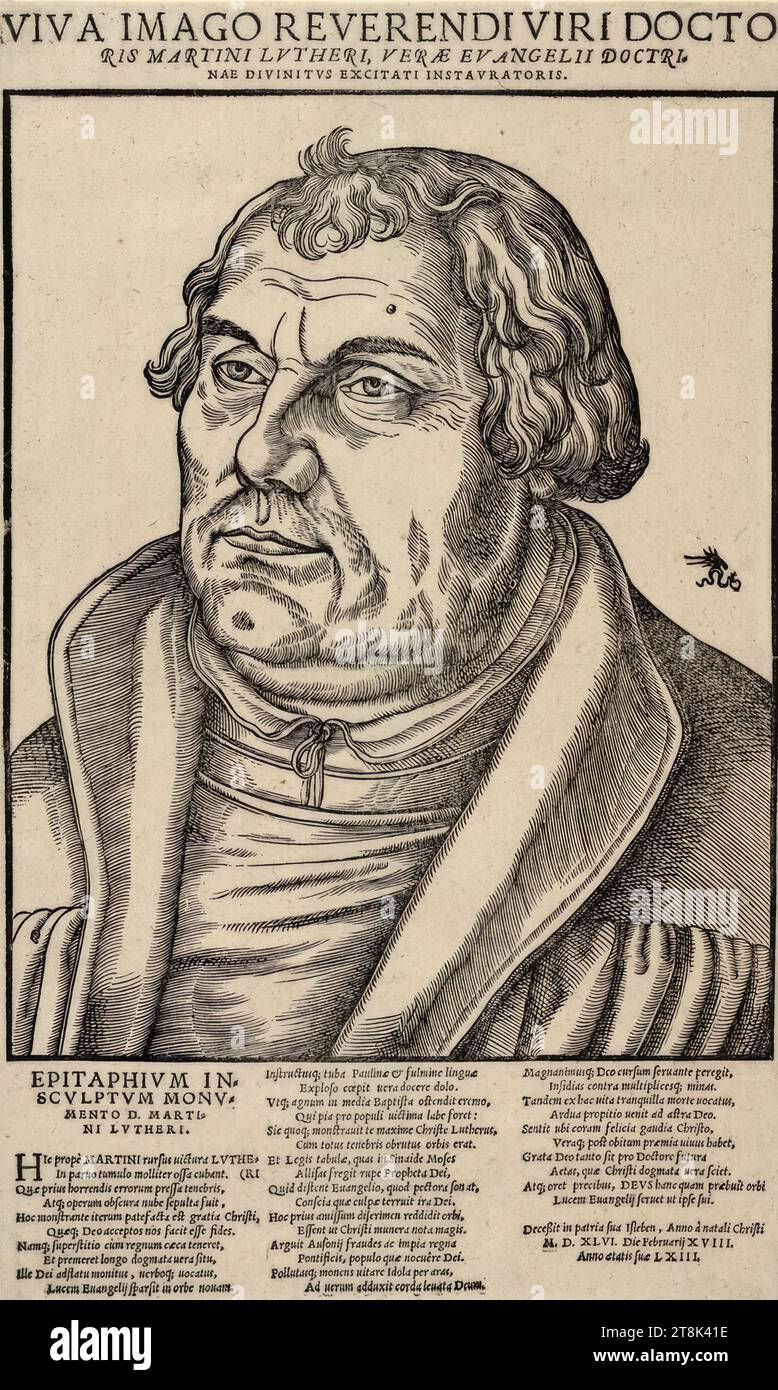 Martin Lutero, Lucas Cranach il Vecchio J., Wittenberg 1515 - 1586 Weimar, 1546, stampa, taglio del legno e tipografia, foglio: 37,2 x 22,3 cm, o.'viva IMAGO REVERENDI VIRI DOCTO / RIS MARTINI LVTHERI, VERAE EVANGELII DOCTRI / NAE DIVINITVS EXCITATI INSTAVRATORIS."; U. 'EPITAPHIVM IN / SCVLPTVM MONV / CENTO MARTI / NI LUTHERI.' Seguito da un elogio latino Foto Stock