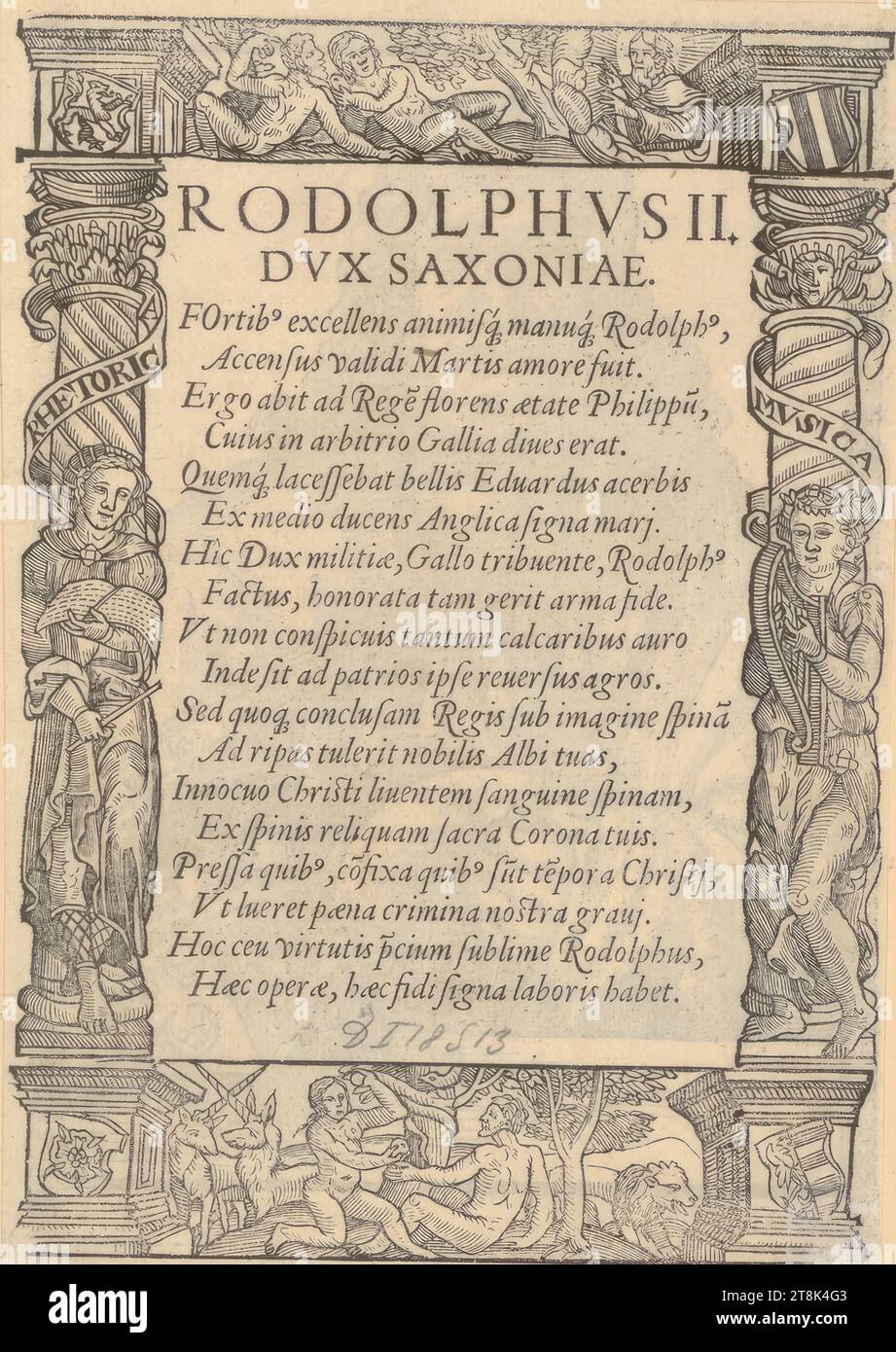 Testo sul ritratto di Rodolfo II, Duca ed Elettore di Sassonia, ILLVSTRISSIMO PRINCIPI AC DOMINO, DOMINO, AVGVSTO, DVCI SAXONIAE ELECTORI, SACRI ROMANI IMPERII ARCHImarschallo, Landgrauio Thuringiæ, Marchioni Misniae, Burggrauio Magedburgensi, Domini suo clementissimo, S.D, 34 ritratti säch principi sischer, Lucas Cranach d. J., Wittenberg 1515 - 1586 Weimar, 1563, stampa, taglio su legno, foglio: 18,4 x 12,6 cm Foto Stock