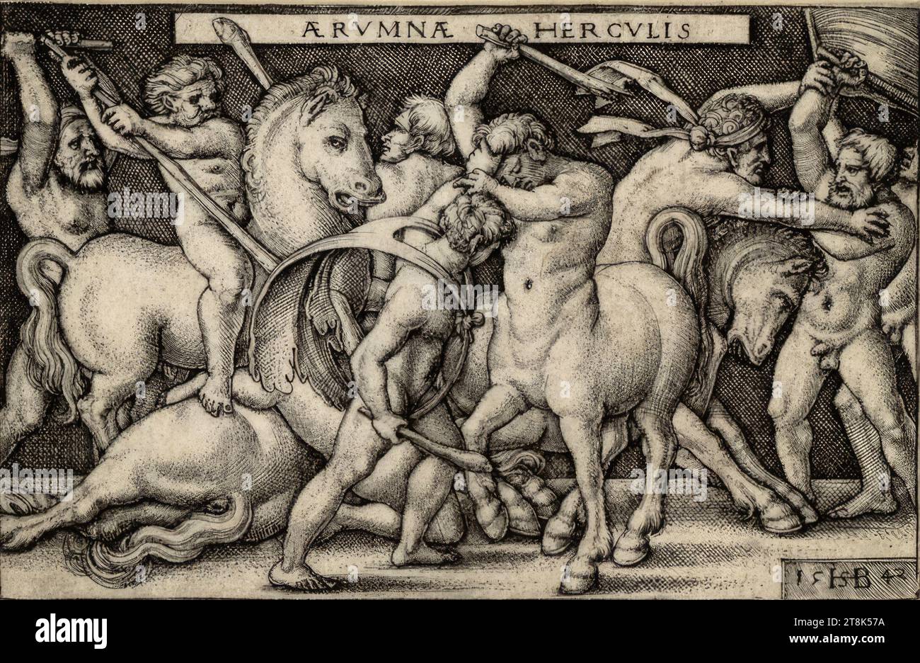 Hercules combatte con i Centauers, Sebald Beham, Norimberga 1500 - 1550 Francoforte sul meno, 1542, stampa, incisione su copperplate Foto Stock