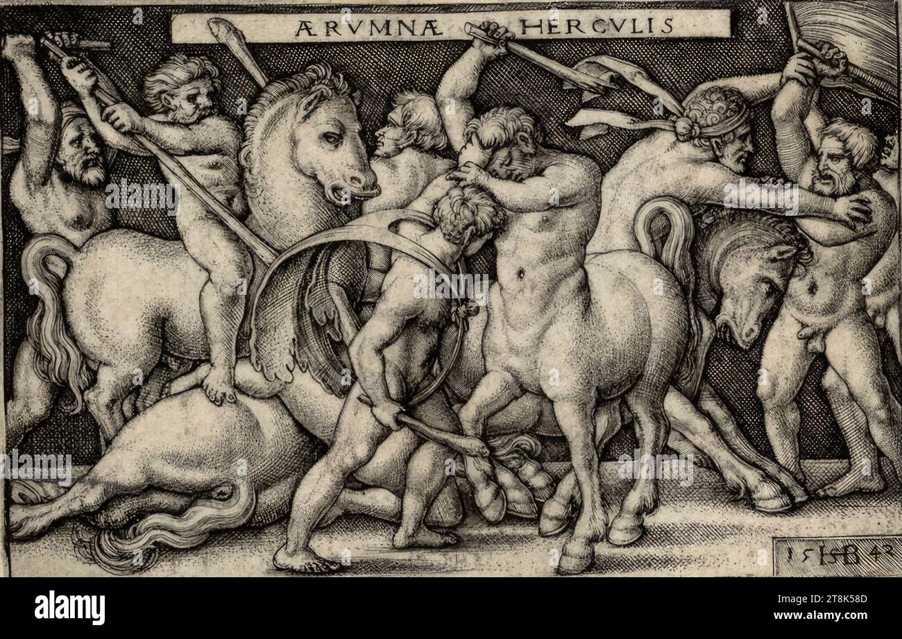 Hercules combatte con i Centauers, Sebald Beham, Norimberga 1500 - 1550 Francoforte sul meno, 1542, stampa, incisione su copperplate Foto Stock