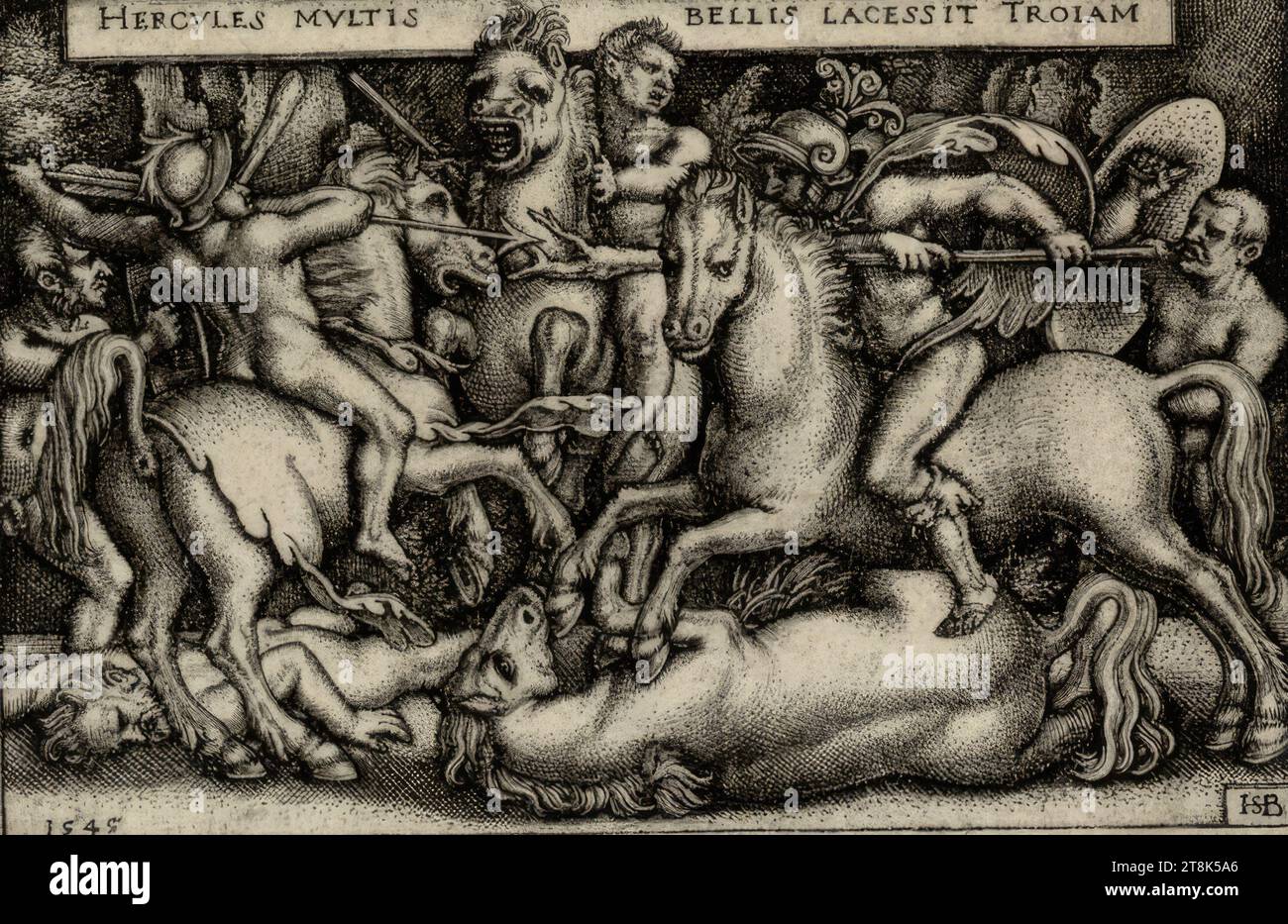 Hercules combatte con i Troiani, Sebald Beham, Norimberga 1500 - 1550 Francoforte sul meno, 1545, stampa, incisione su copperplate Foto Stock