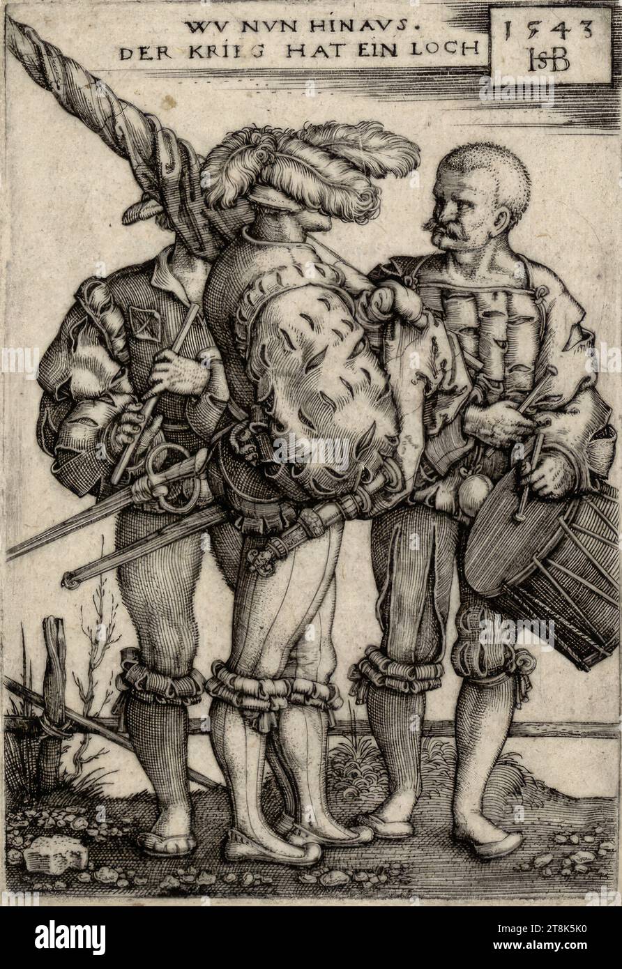 Ensign, batterista e piper, Sebald Beham, Norimberga 1500 - 1550 Francoforte sul meno, 1543, stampa, incisione su copperplate Foto Stock