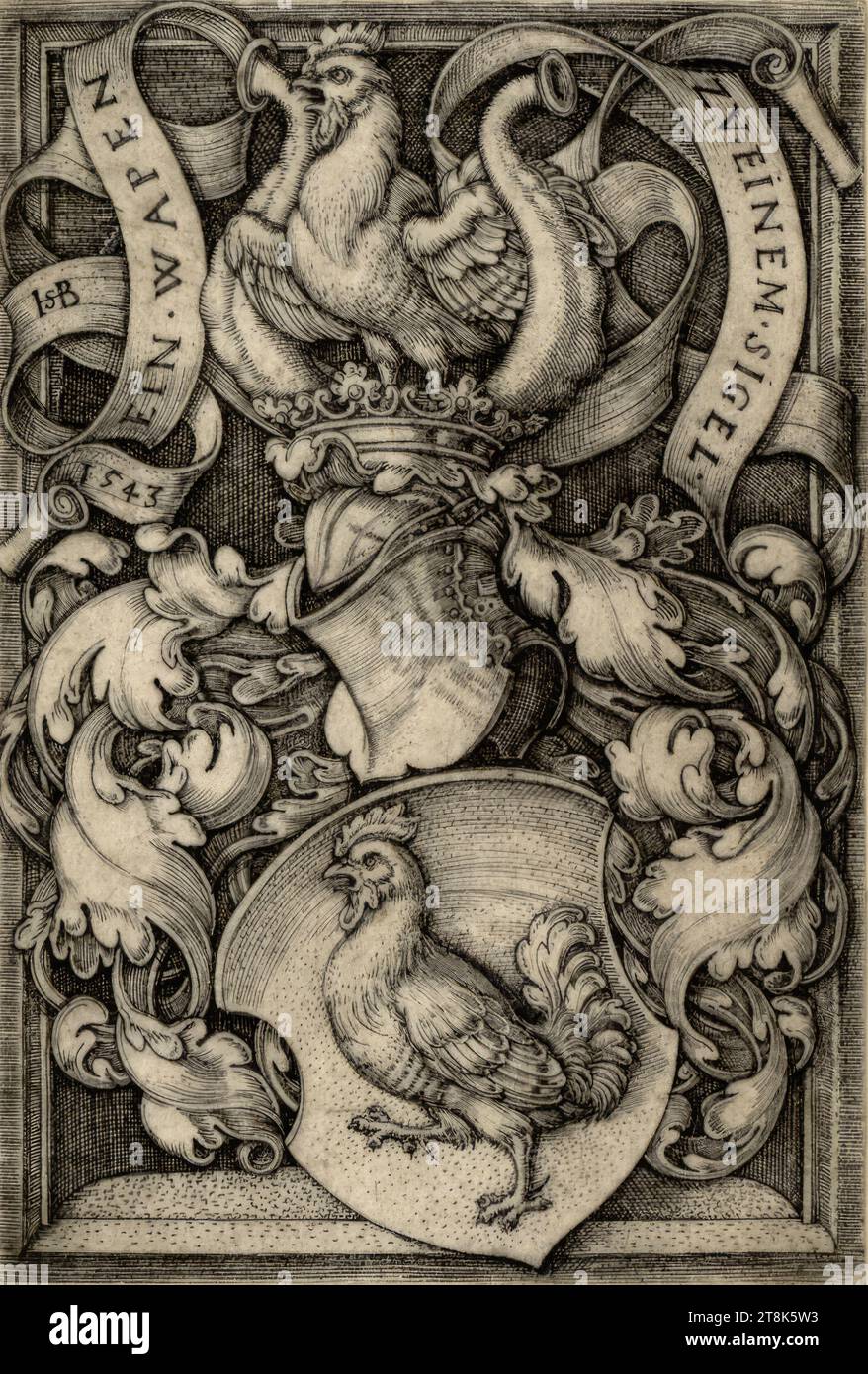 Lo stemma con il gallo, Sebald Beham, Norimberga 1500 - 1550 Francoforte sul meno, 1543, stampa, incisione in rame Foto Stock