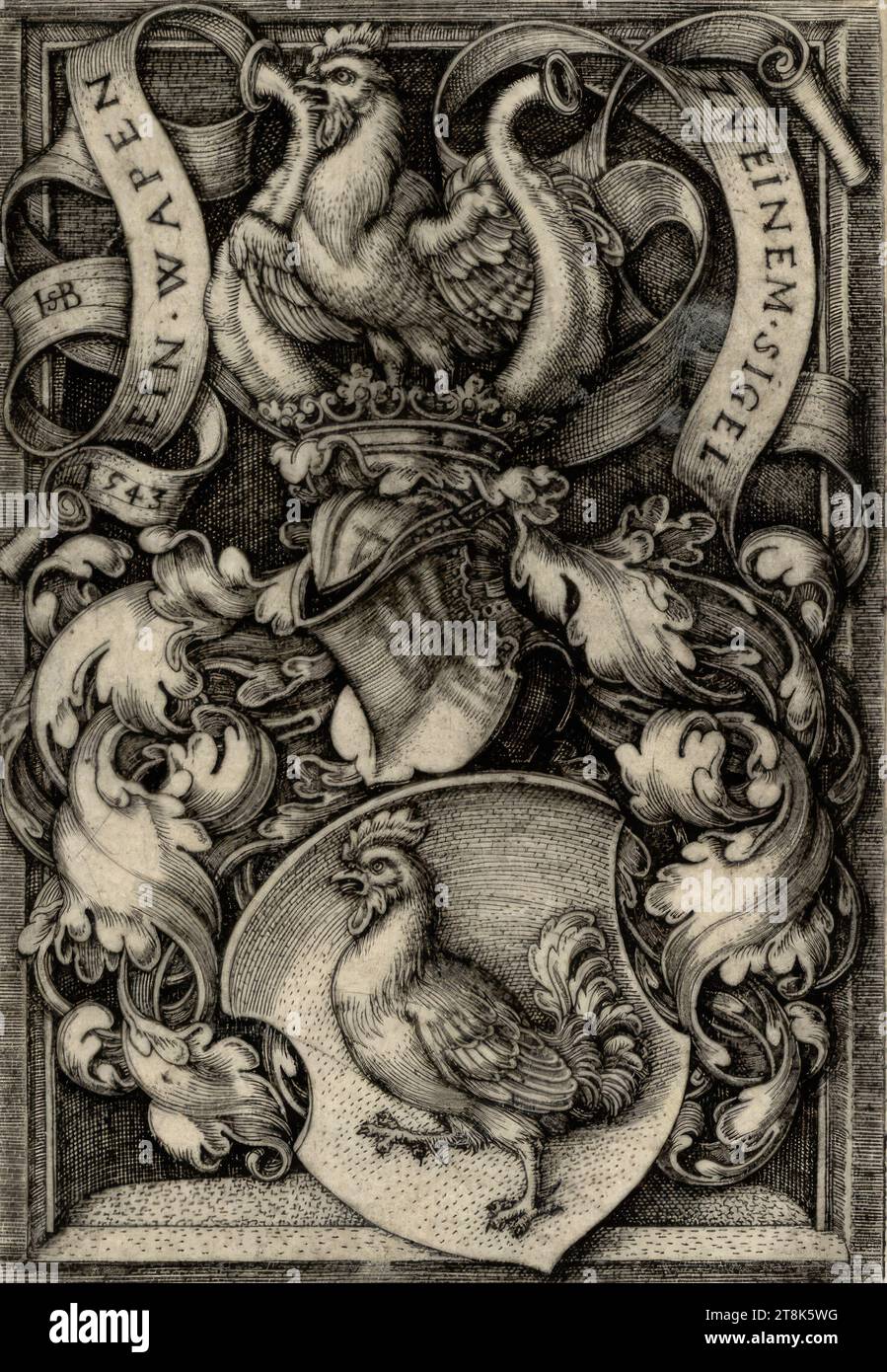 Lo stemma con il gallo, Sebald Beham, Norimberga 1500 - 1550 Francoforte sul meno, 1543, stampa, incisione in rame Foto Stock