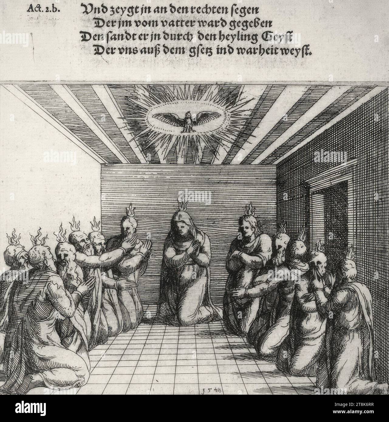 Il miracolo della Pentecoste, Peter Pereny, prefazione e ingresso alle Concordances Old and news Testaments, Vienna 1550, Augustin Hirschvogel, Norimberga 1503 - 1553 Vienna, 1548, stampe, incisione, stampa tipo, Austria Foto Stock