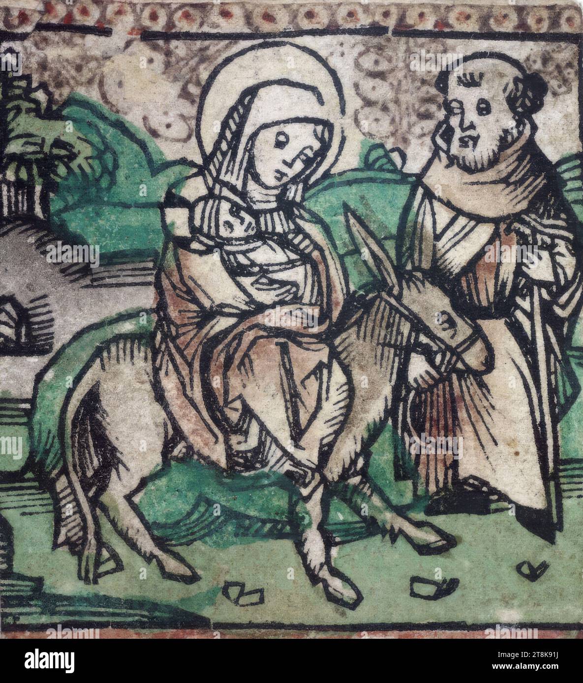 Fuga in Egitto, Anonimo, stampa, taglio del legno, colorato Foto Stock