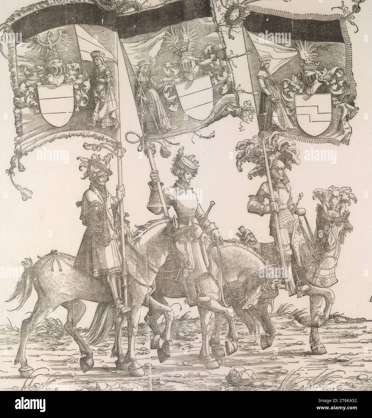 Processione trionfale dell'imperatore Massimiliano i: Bandiera di Unterwaldsee, Oberwaldsee e Duino, Processione trionfale dell'imperatore Massimiliano i, Albrecht Altdorfer, Germania, 1480 - 1538, 1796, prima edizione 1526, stampa, taglio su legno Foto Stock