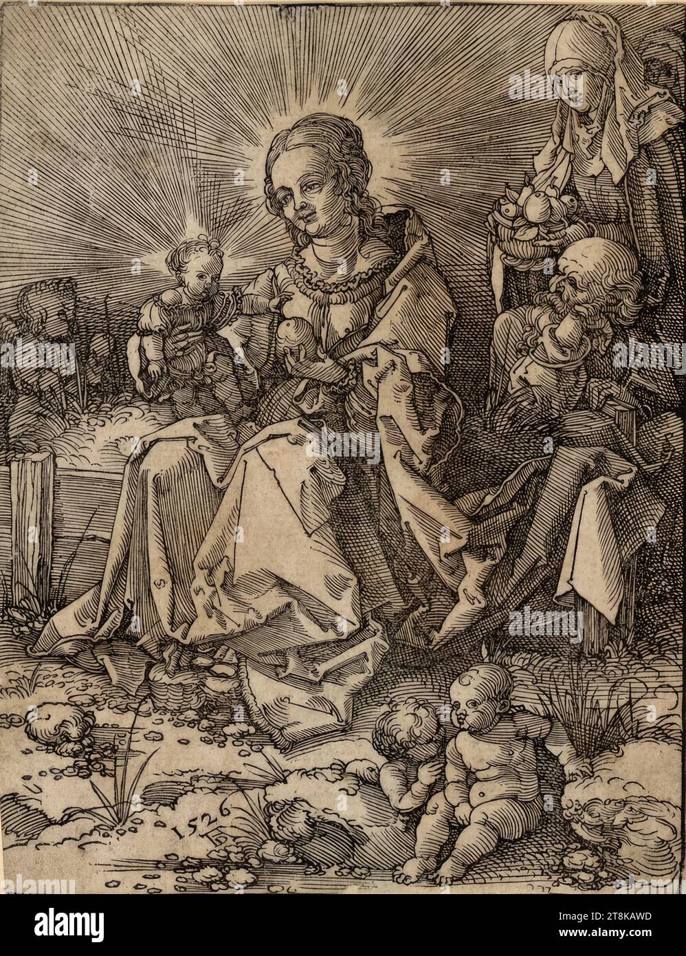 Maria con il bambino sulla panchina del prato, Hans Springinklee, Norimberga 1490/95 - circa 1540 Norimberga, 1526 o più tardi, stampa, tagliato su legno foglio è rifilato al bordo del piatto., Foglio: 14,6 x 11,5 cm Foto Stock