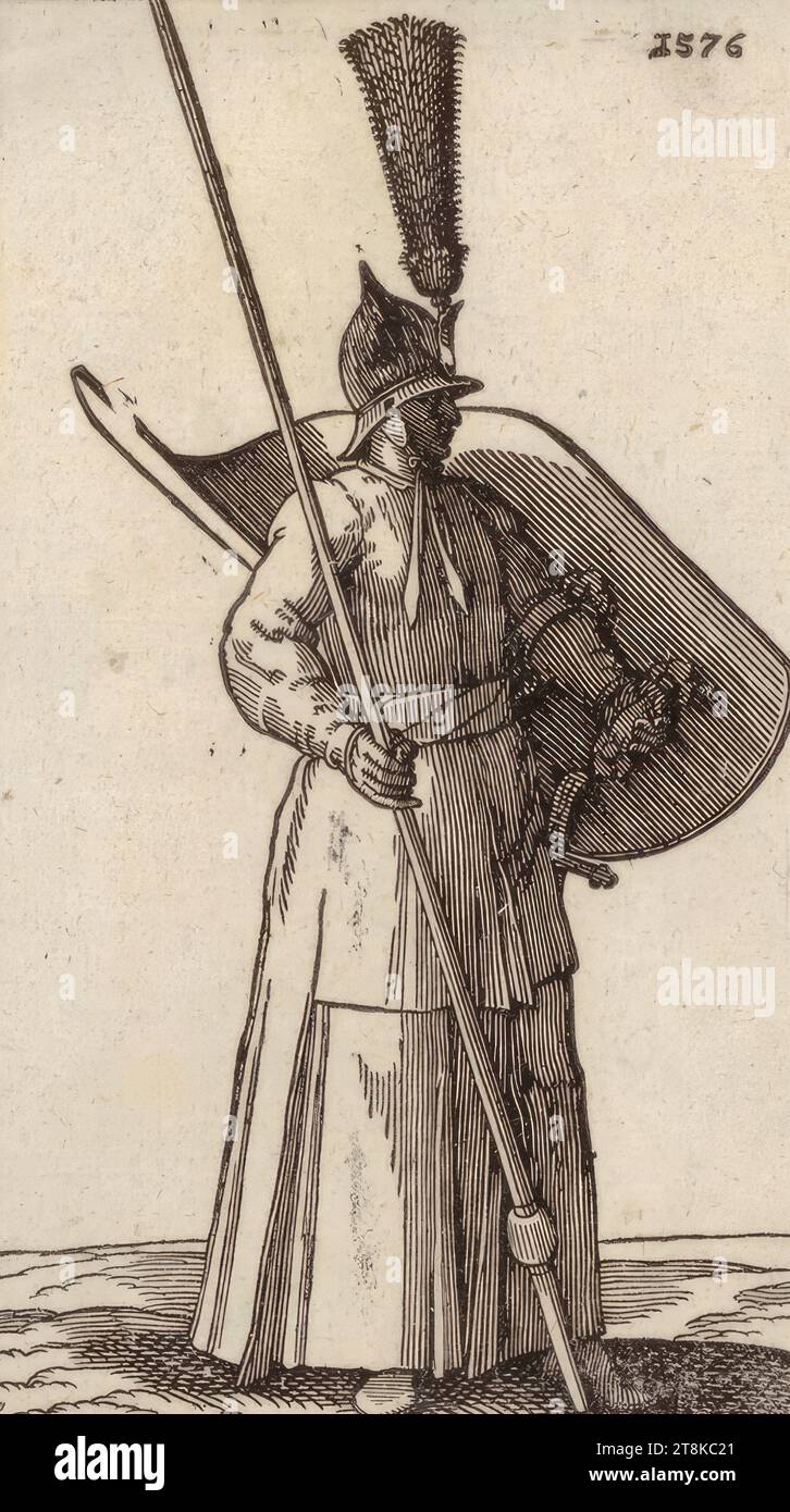 Un guerriero con un pennacchio sul suo casco a spillo, con scudo e lancia, figure ben lavorate e tagliate anno 1619, Melchior Lorch, Flensburg intorno al 1527 - dopo il 1583 Copenaghen, Roma o Amburgo, 1576, stampa, taglio su legno, foglio: 24 .5 x 16,7 cm Foto Stock